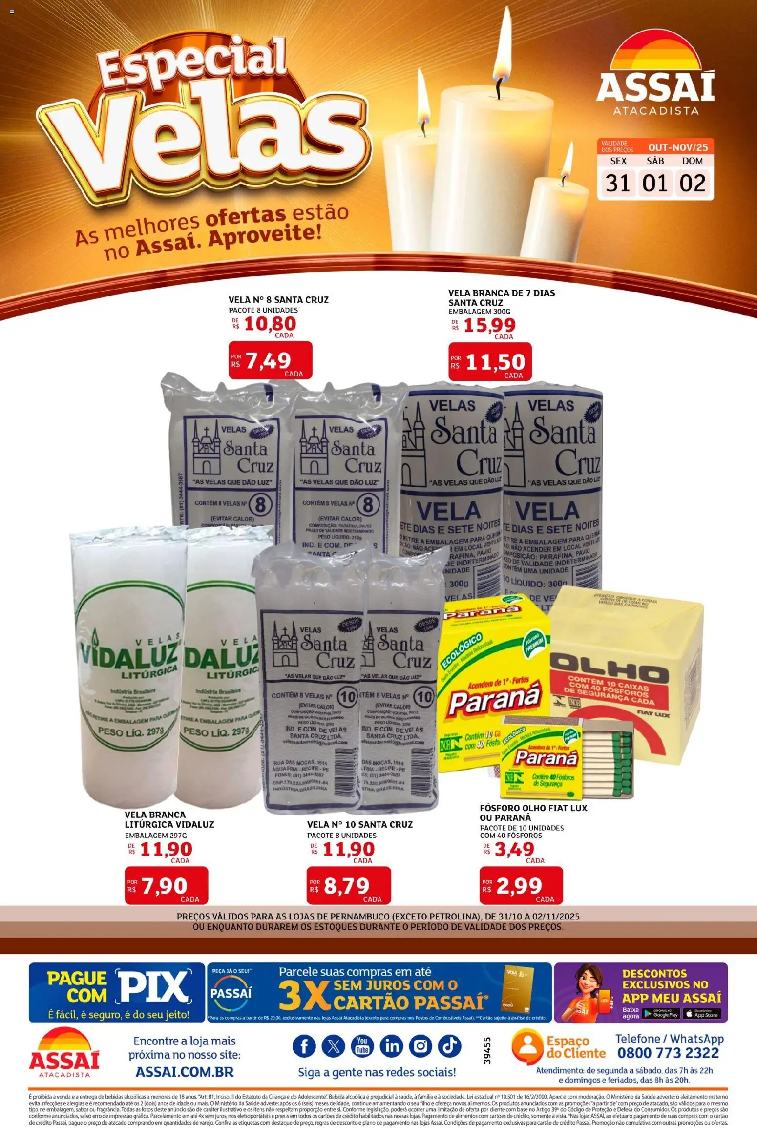 Assaí Atacadista Folheto - válido de 31.10.2025 | Página: 1 | Produtos: Velas, Acém, Base, Telefone