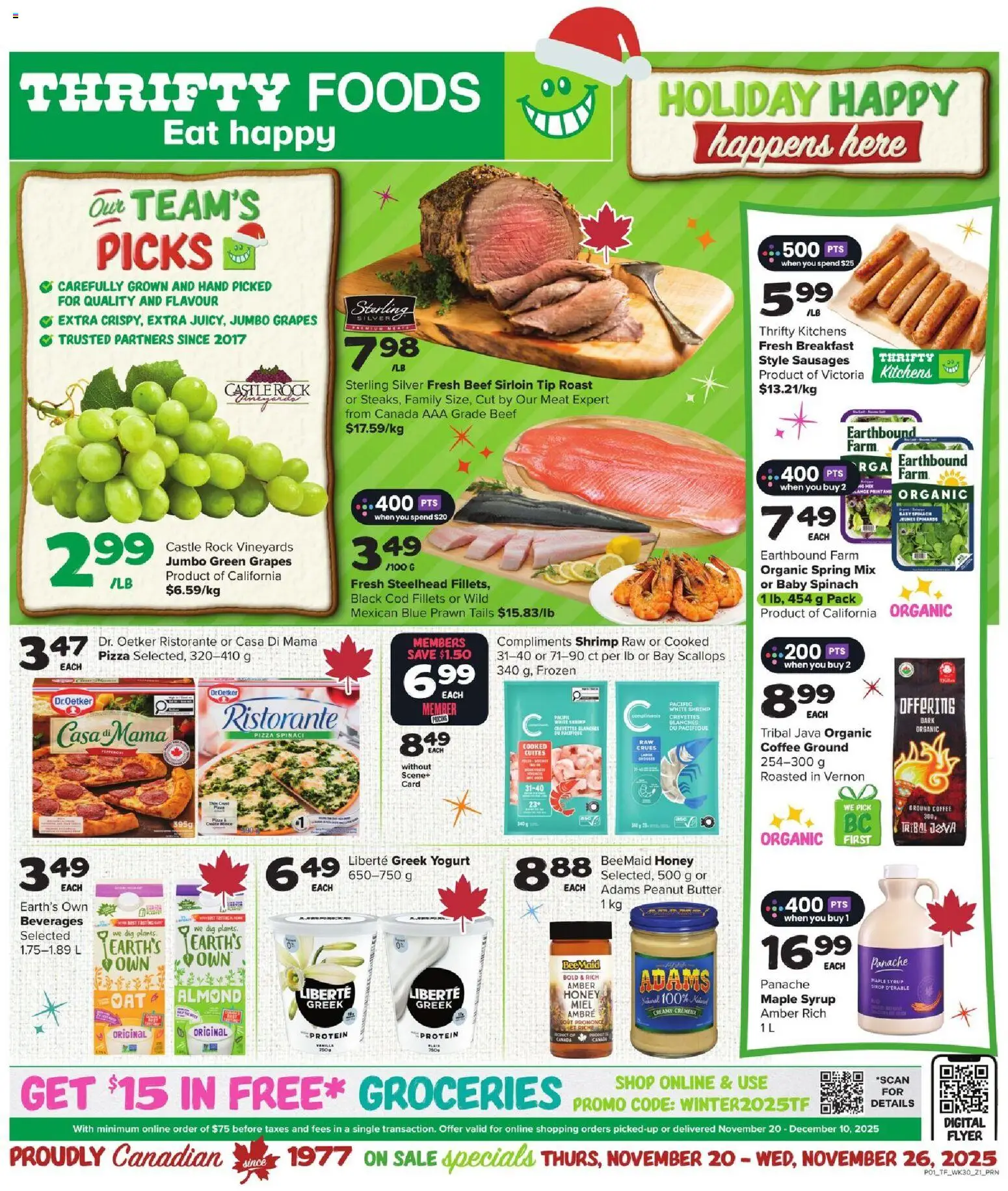 Thrifty Foods flyer valid from 20.11.2025 | Page: 1 | Products: Beef, Butter, Yogurt, Coffee