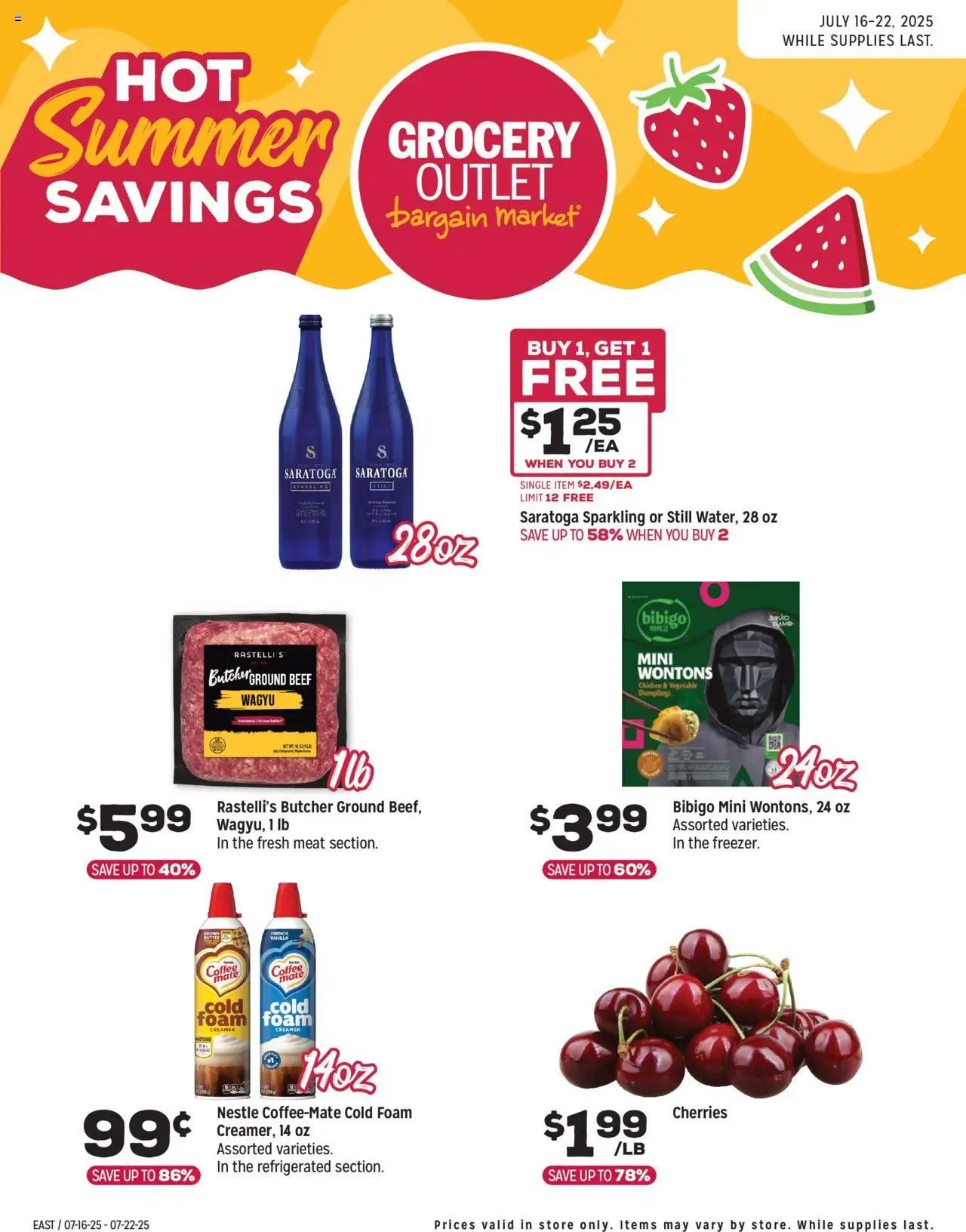 Grocery Outlet Weekly - NJ - valid from 16.07.2025 | Page: 1 | Products: Cherries, Butter, Coffee, Beef