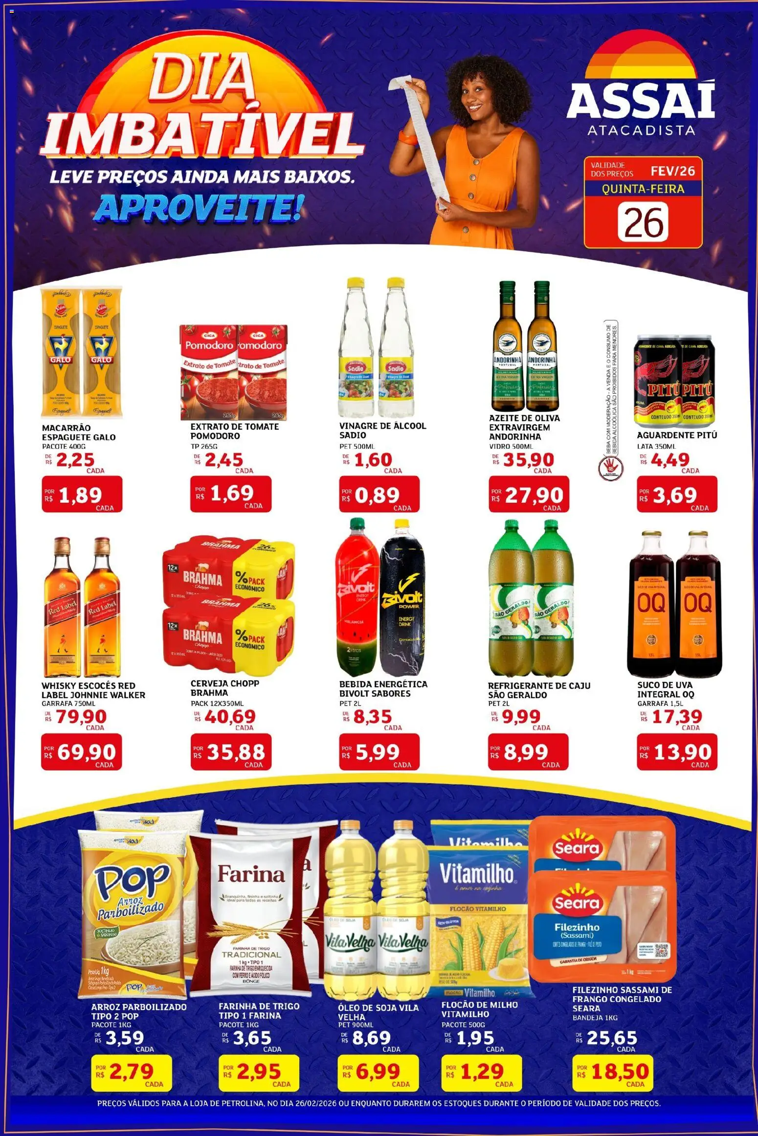 Assaí Atacadista Folheto - válido de 26.02.2026 | Página: 1 | Produtos: Espaguete, Vinagre, Cerveja, Bandeja