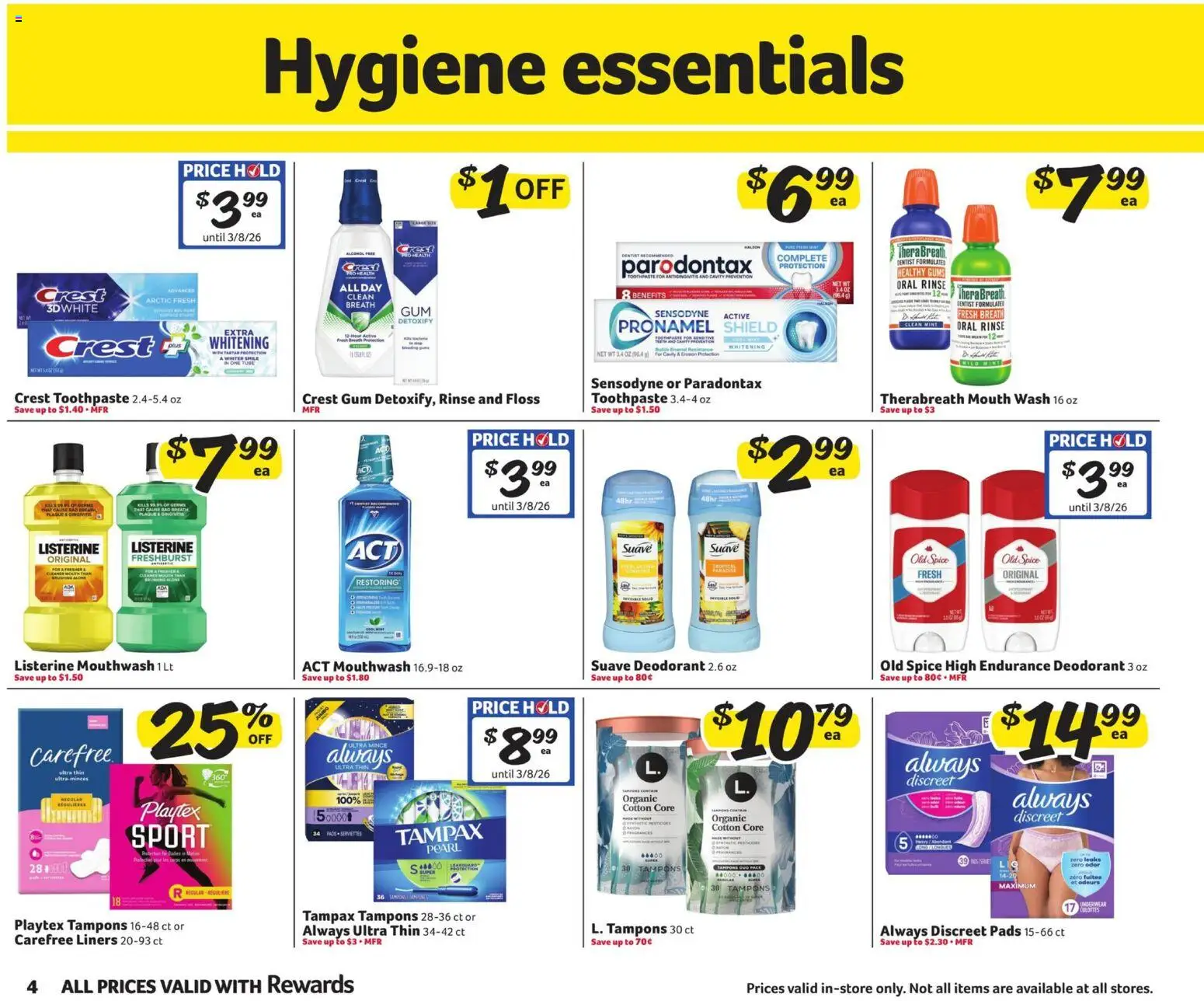 Winn Dixie In-Store Flyer - valid from 11.02.2026 | Page: 4 | Products: Deodorant, Toothpaste, Pads, Tampons