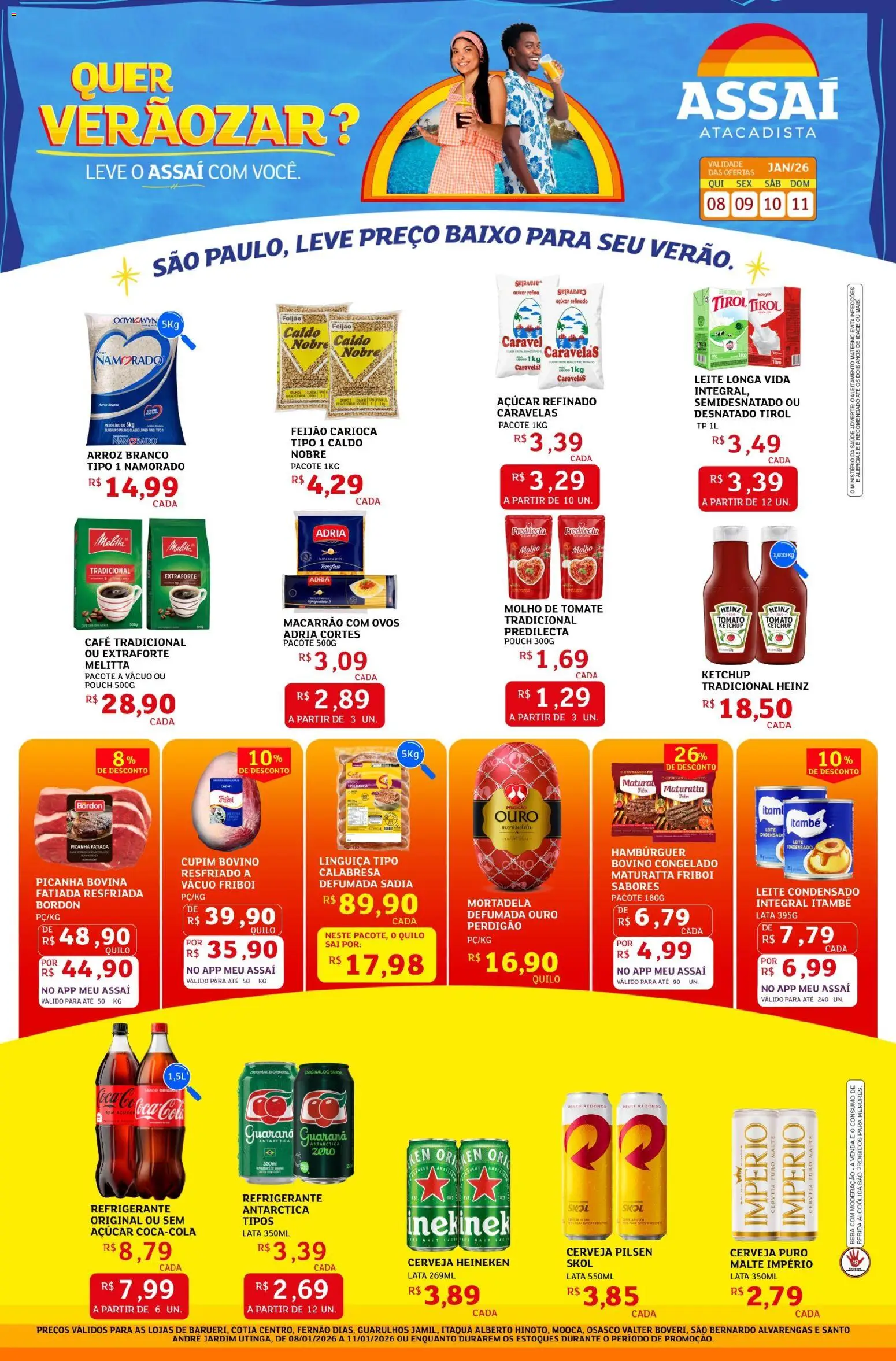 Assaí Atacadista Folheto - válido de 08.01.2026 | Página: 1 | Produtos: Mortadela, Cerveja, Macarrão, Leite condensado