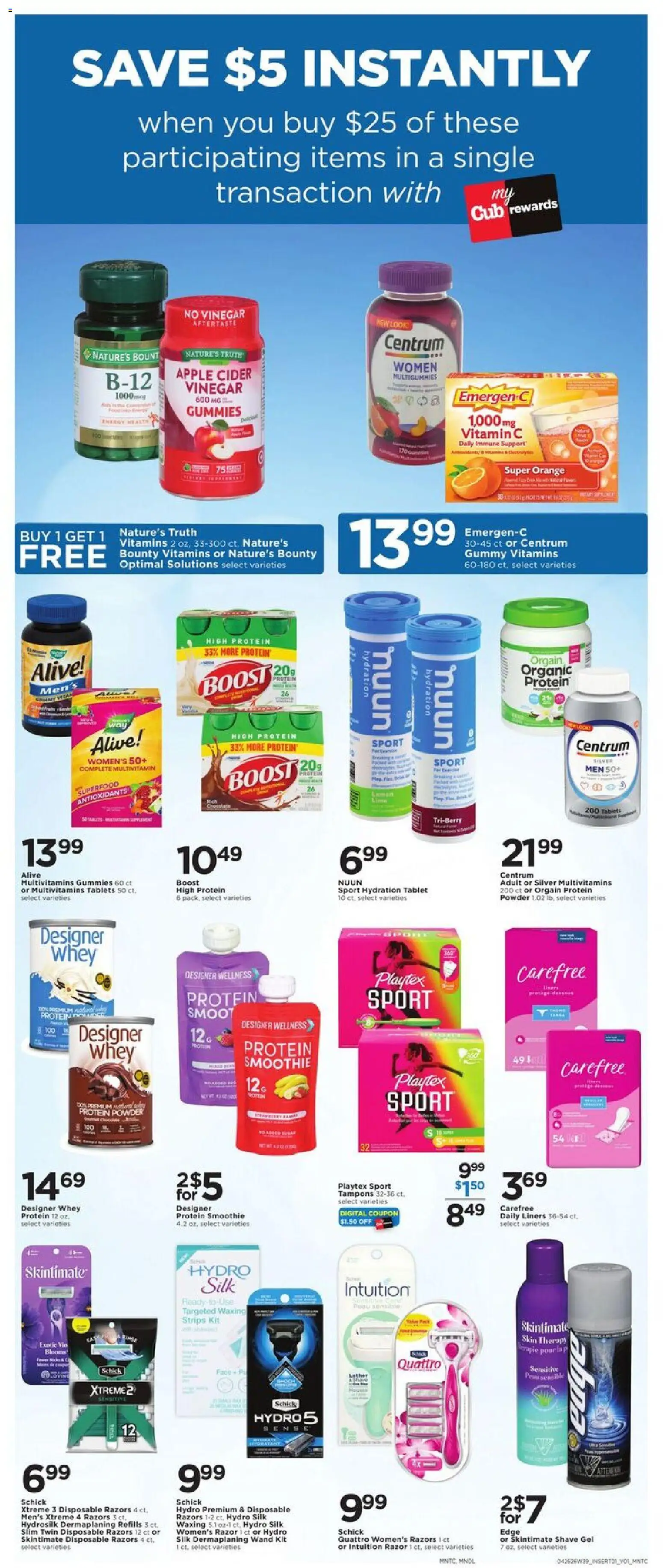Cub Foods Weekly Savings - MN - valid from 26.04.2026 | Page: 5 | Products: Vinegar, Protein Powder, Chocolate, Tampons