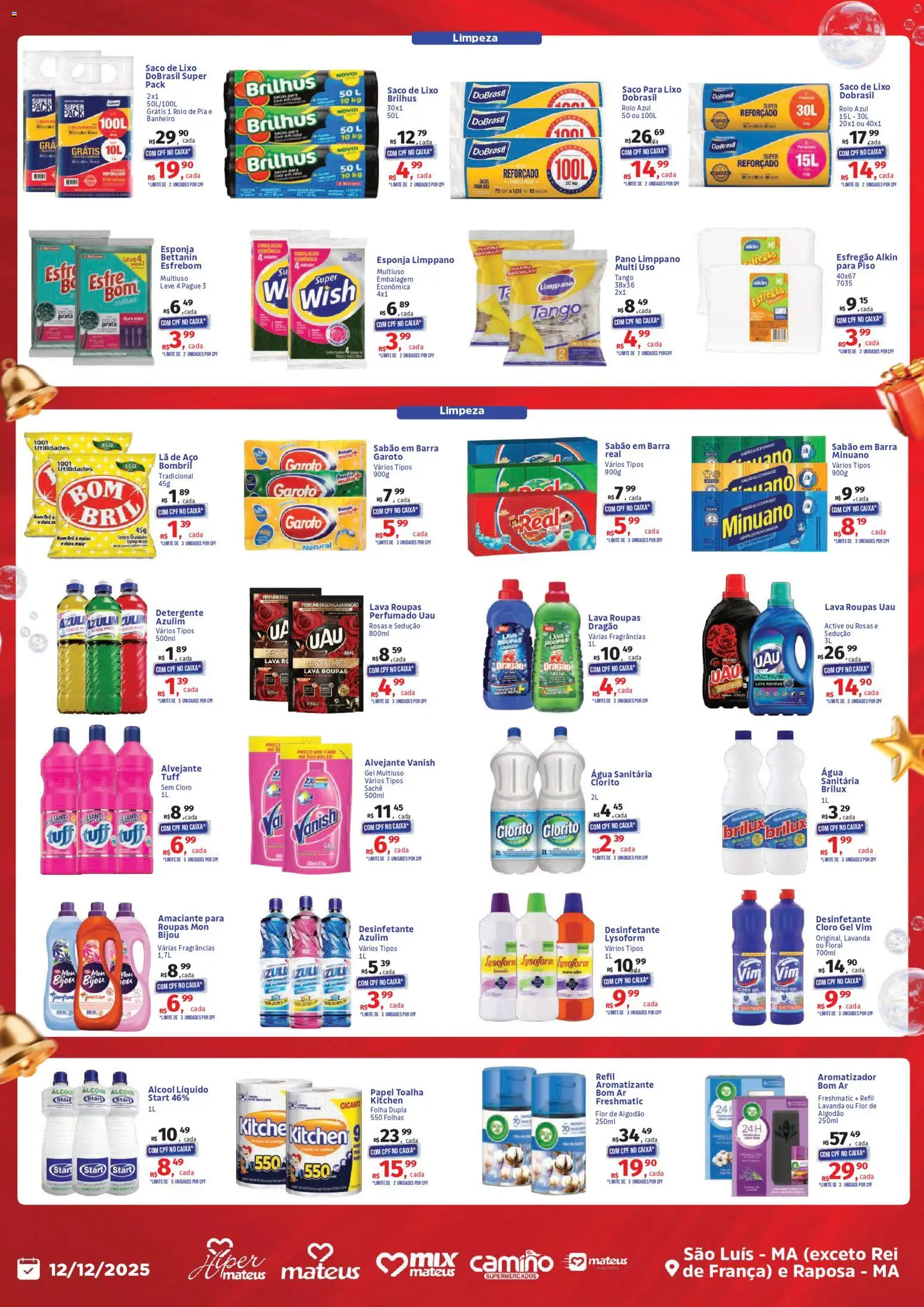 Mateus Folheto - válido de 12.12.2025 | Página: 12 | Produtos: Detergente, Roupas, Amaciante, Água sanitária