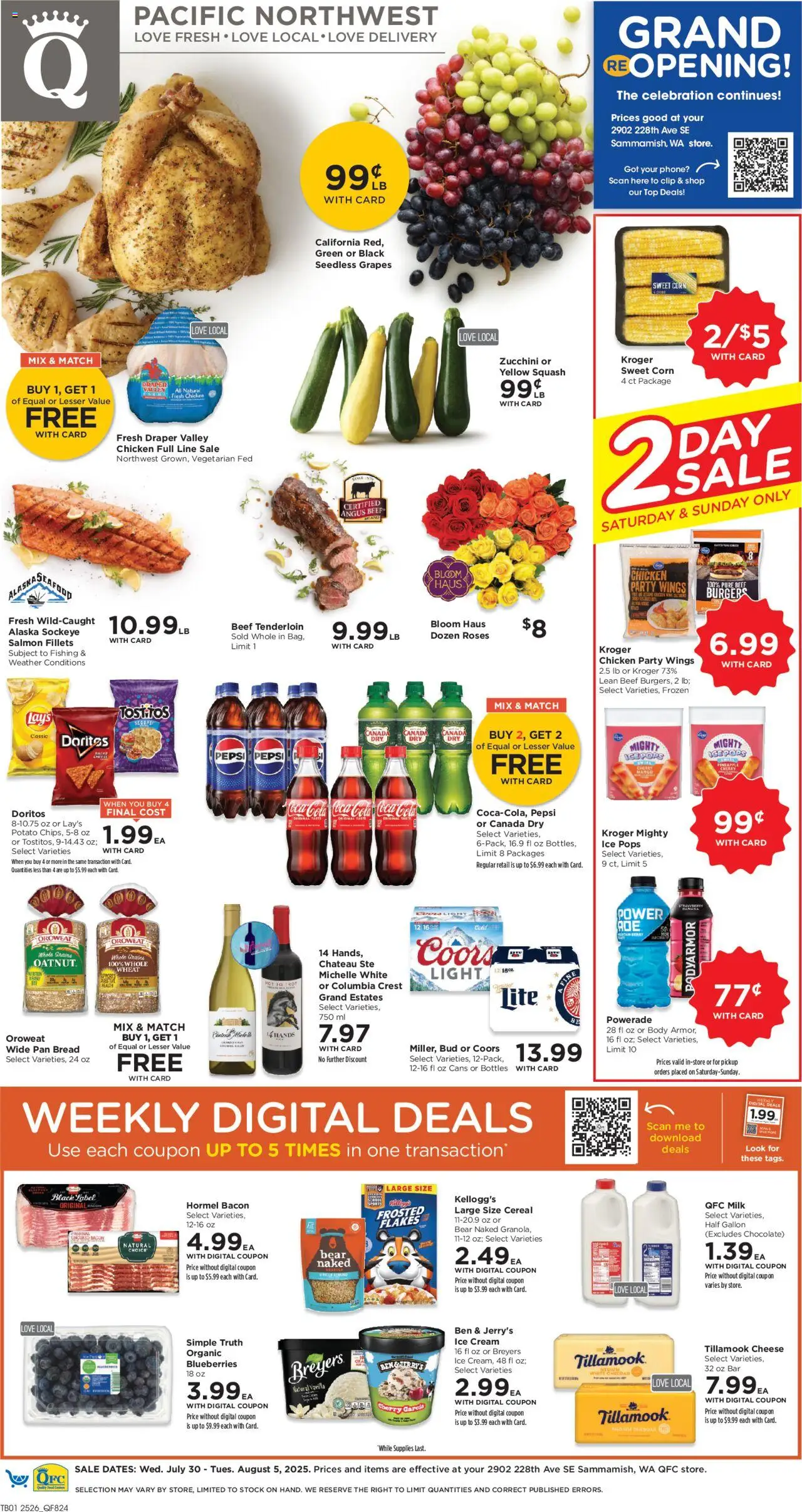 QFC Weekly Ad - valid from 30.07.2025 | Page: 1 | Products: Corn, Squash, Clip, Ice cream