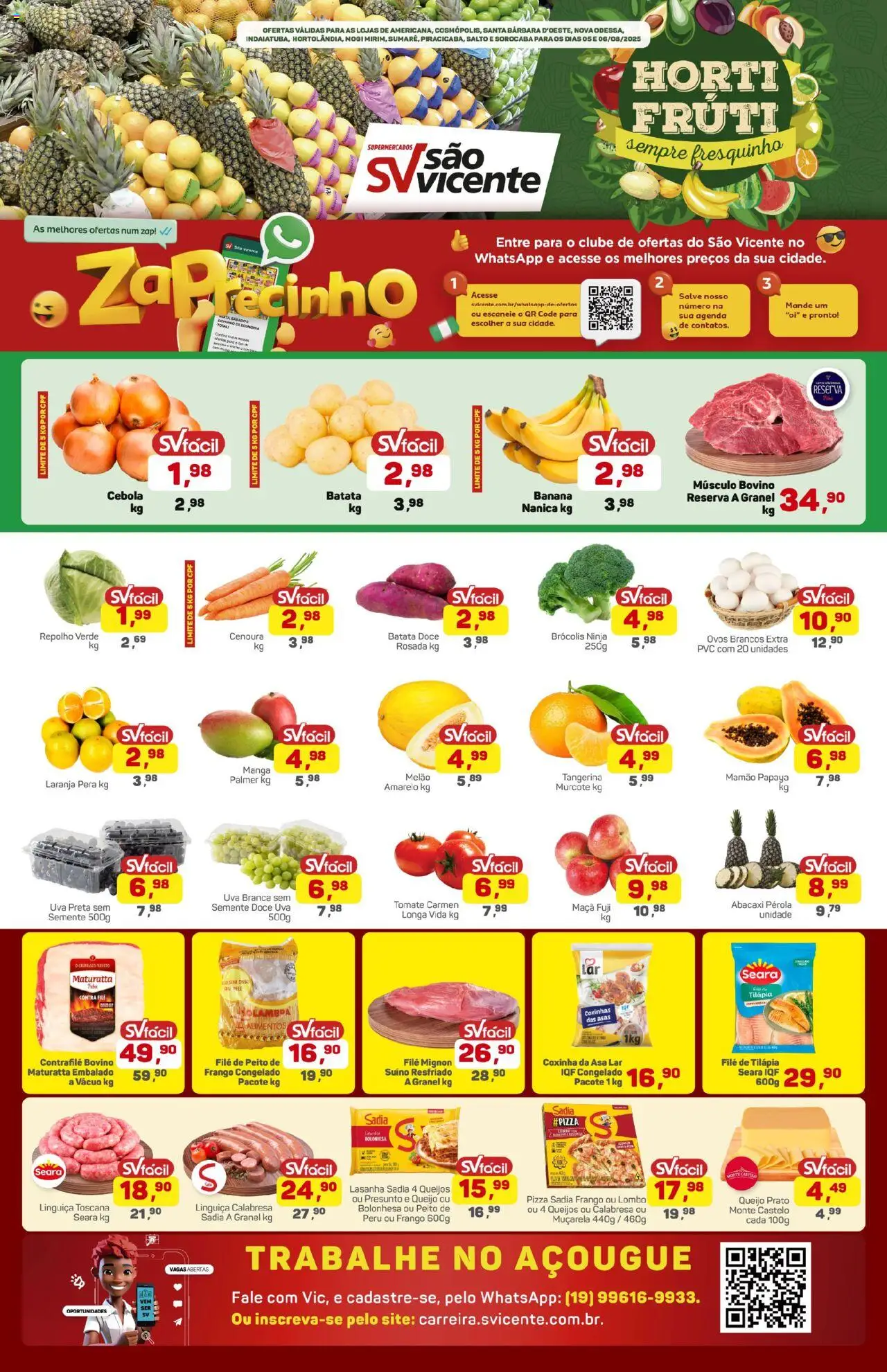 Supermercados São Vicente Folheto - válido de 05.08.2025 | Página: 1 | Produtos: Linguiça, Cenoura, Lasanha, Mamão