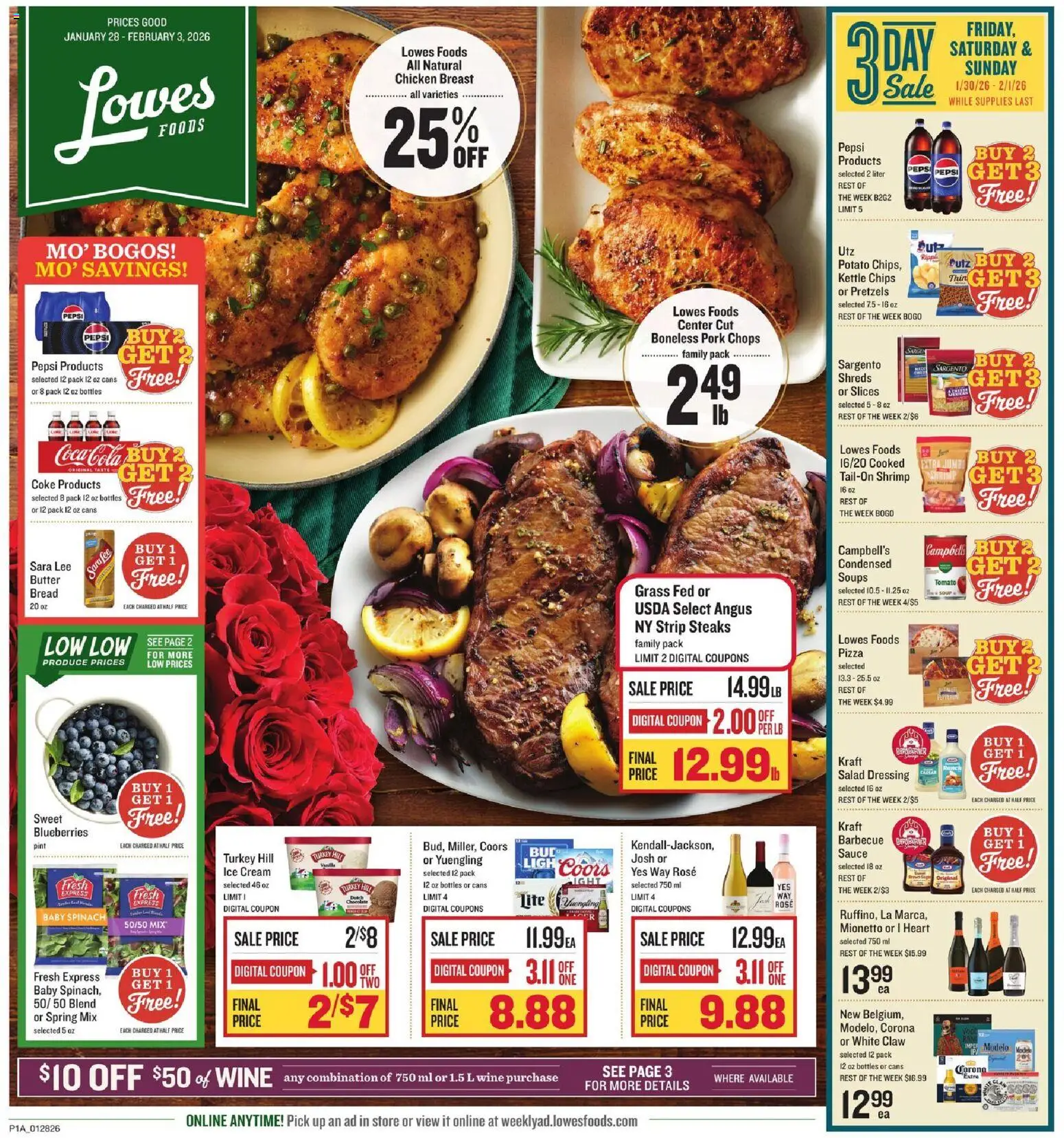 Lowes Foods Weekly Ad - valid from 28.01.2026 | Page: 1 | Products: Spinach, Pizza, Pork, Blueberries