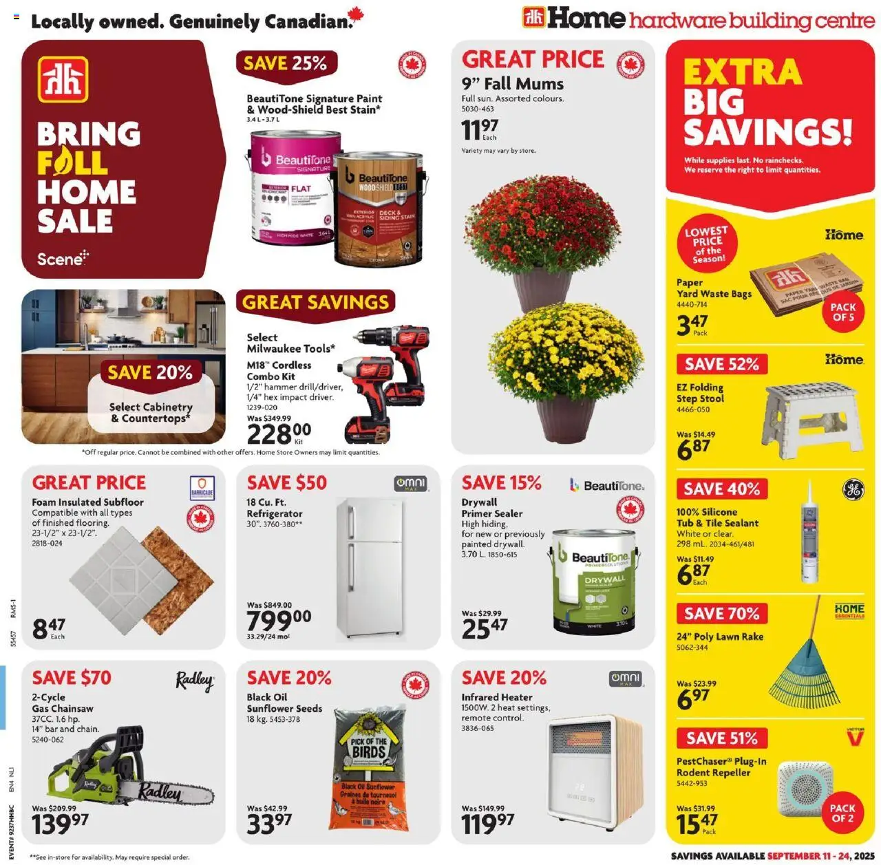 Home Hardware flyer valid from 11.09.2025 | Page: 1 | Products: Refrigerator, Oil
