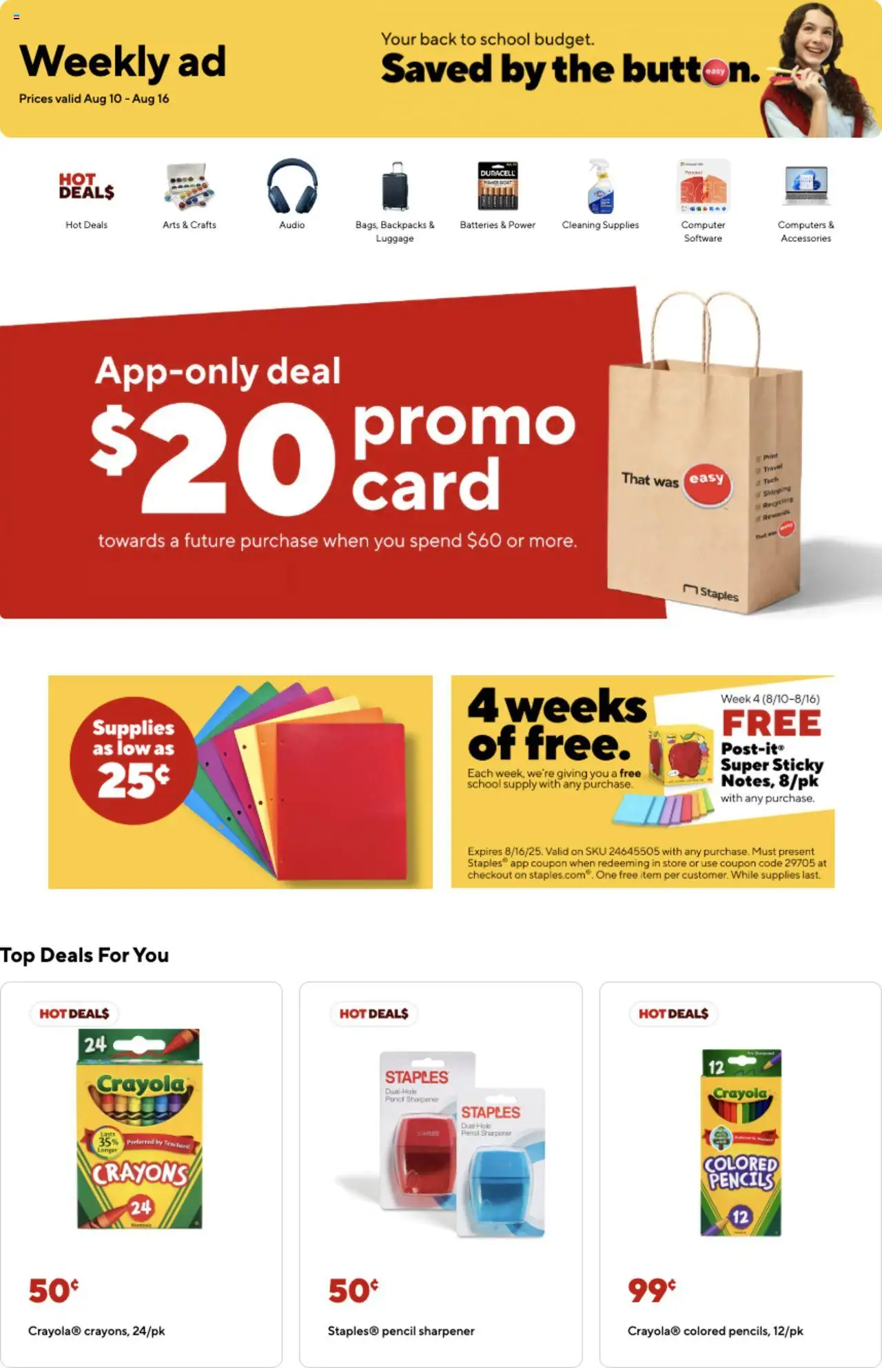 Staples Weekly Ad - valid from 10.08.2025 | Page: 1 | Products: Pencil, Computer, Audio, Pencil sharpener