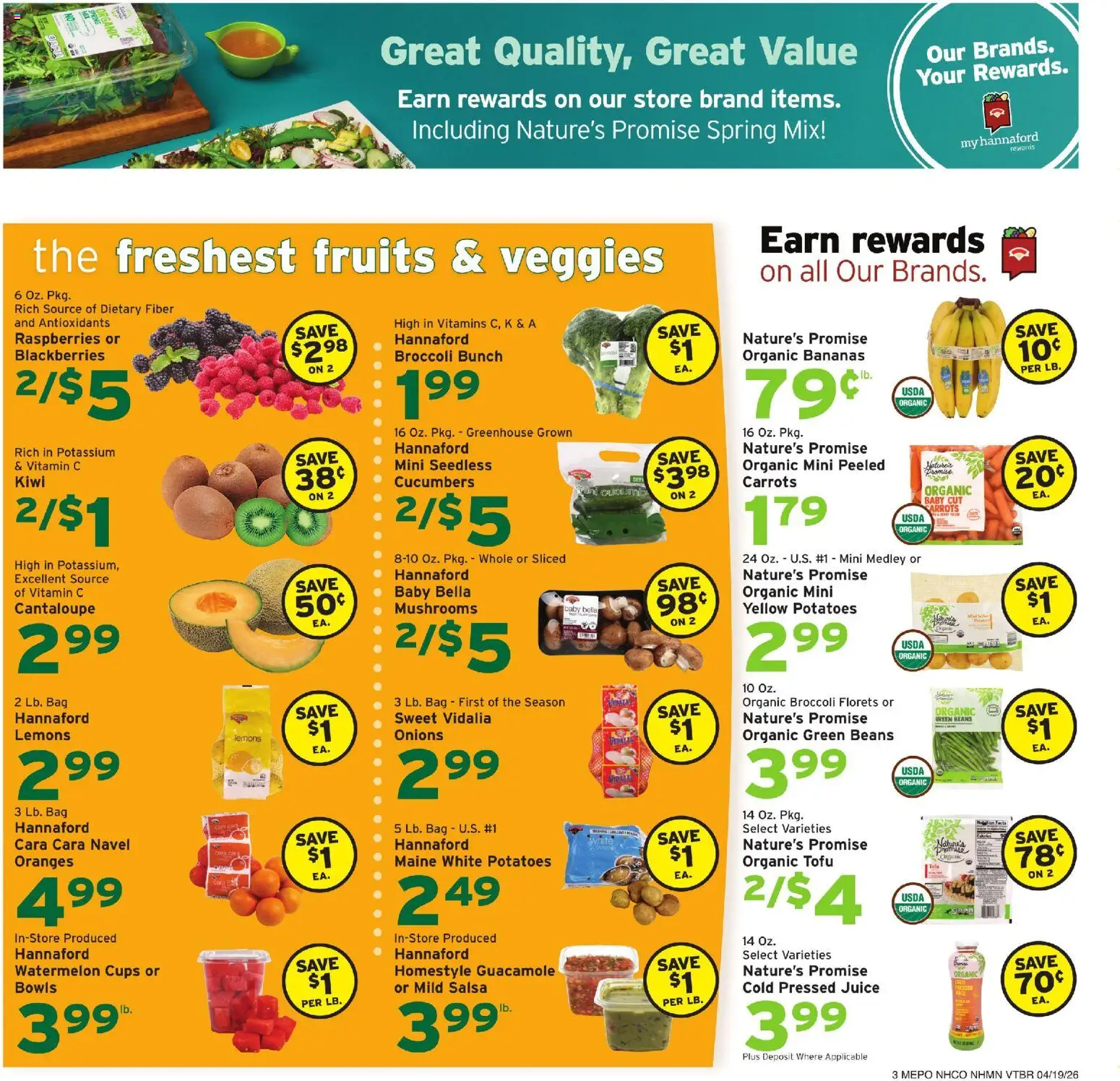 Hannaford Weekly Ad - valid from 19.04.2026 | Page: 3 | Products: Bananas, Kiwi, Potatoes, Fruits