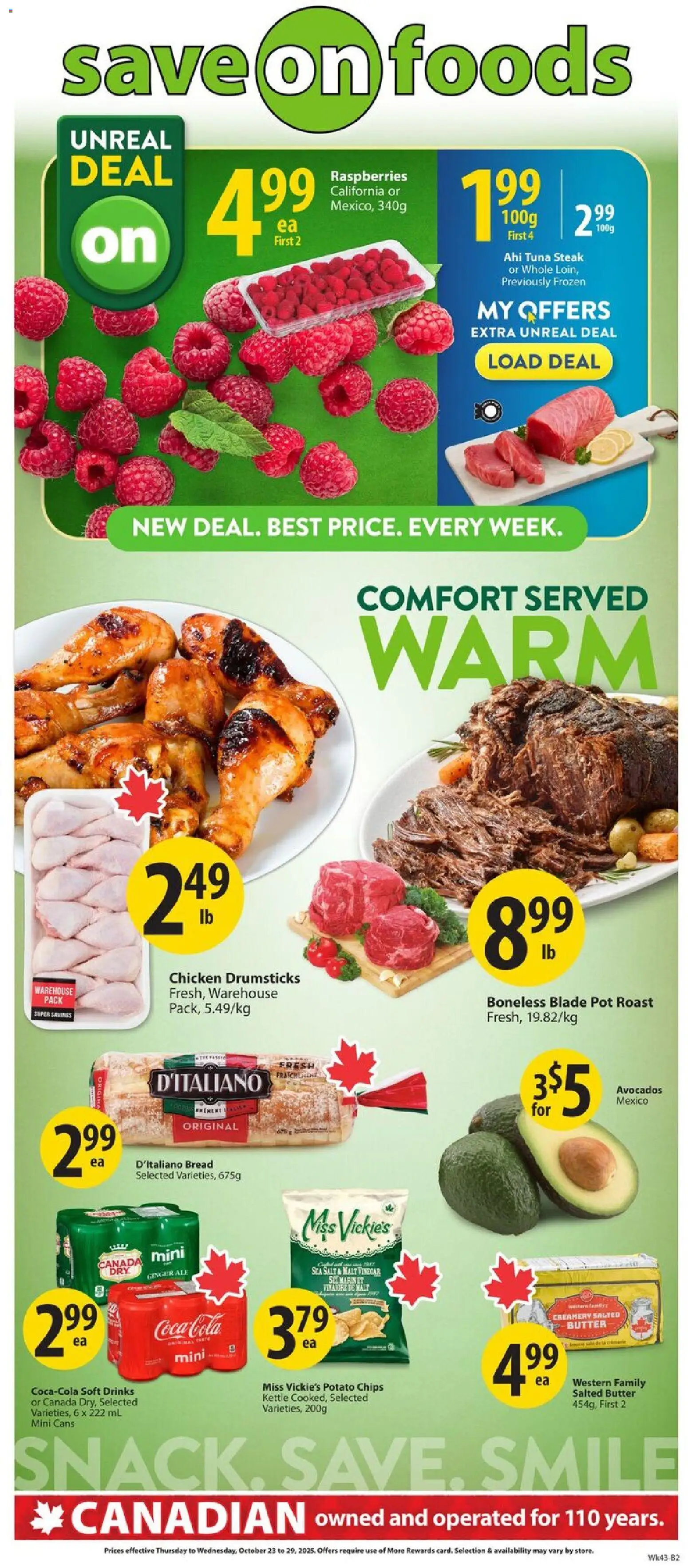 Save on foods flyer valid from 23.10.2025 | Page: 1 | Products: Chips, Butter, Bread, Chicken