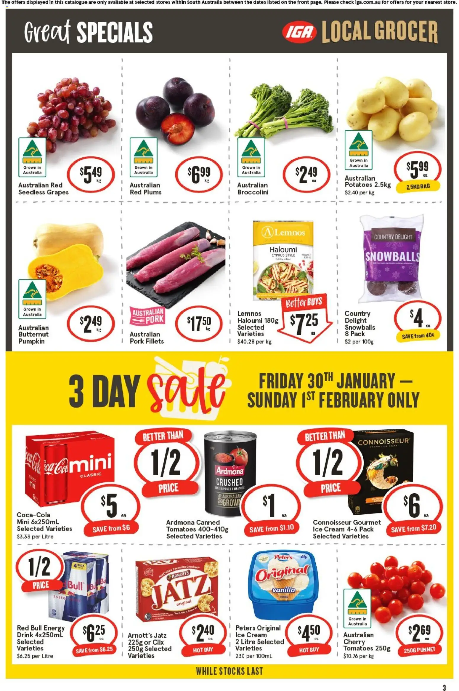 IGA catalogue - valid from 28.01.2026 | Page: 3 | Products: Pork, Tomatoes, Potatoes, Bag