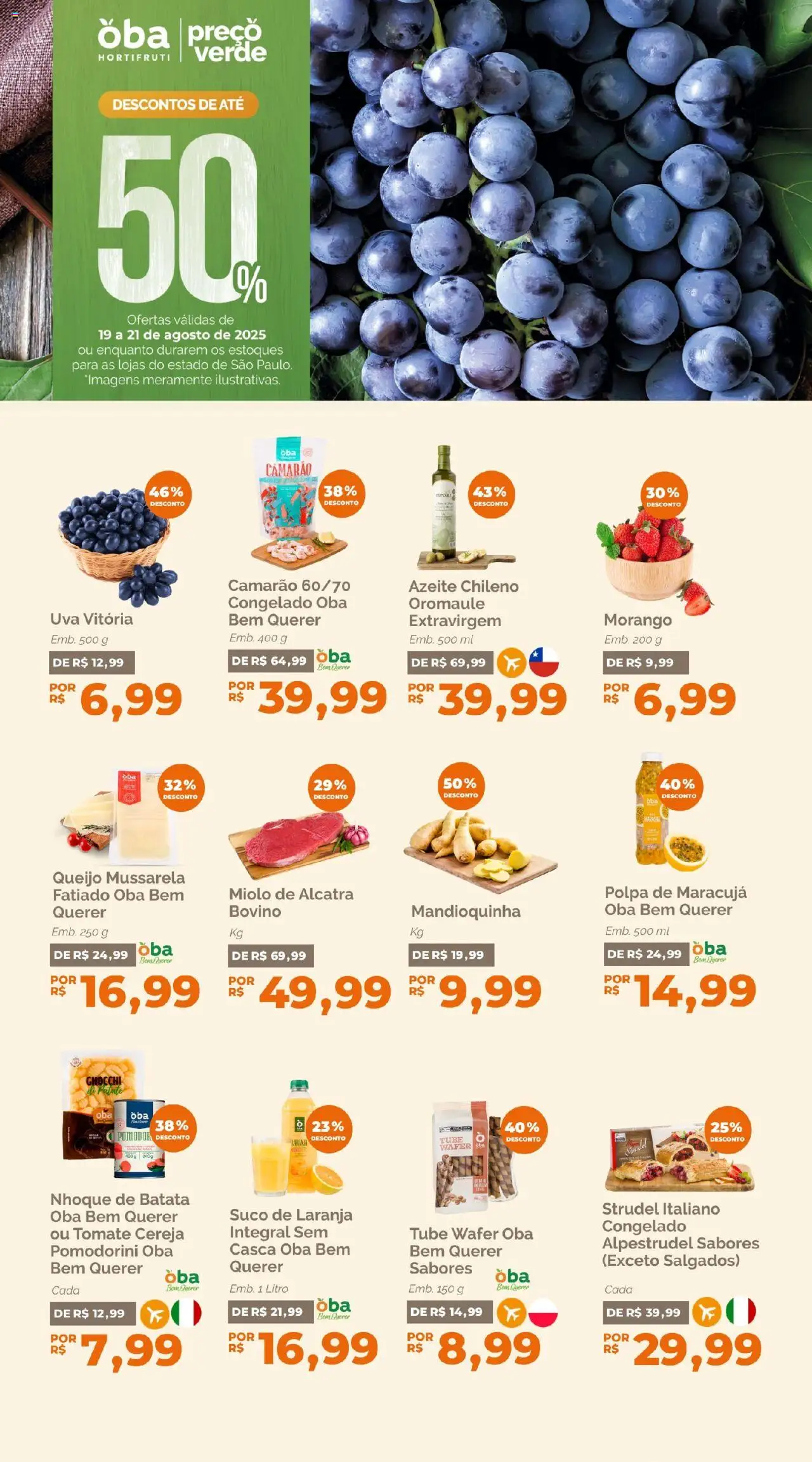 Oba Hortifruti Folheto - válido de 19.08.2025 | Página: 1 | Produtos: Mandioquinha, Suco, Batata, Mussarela