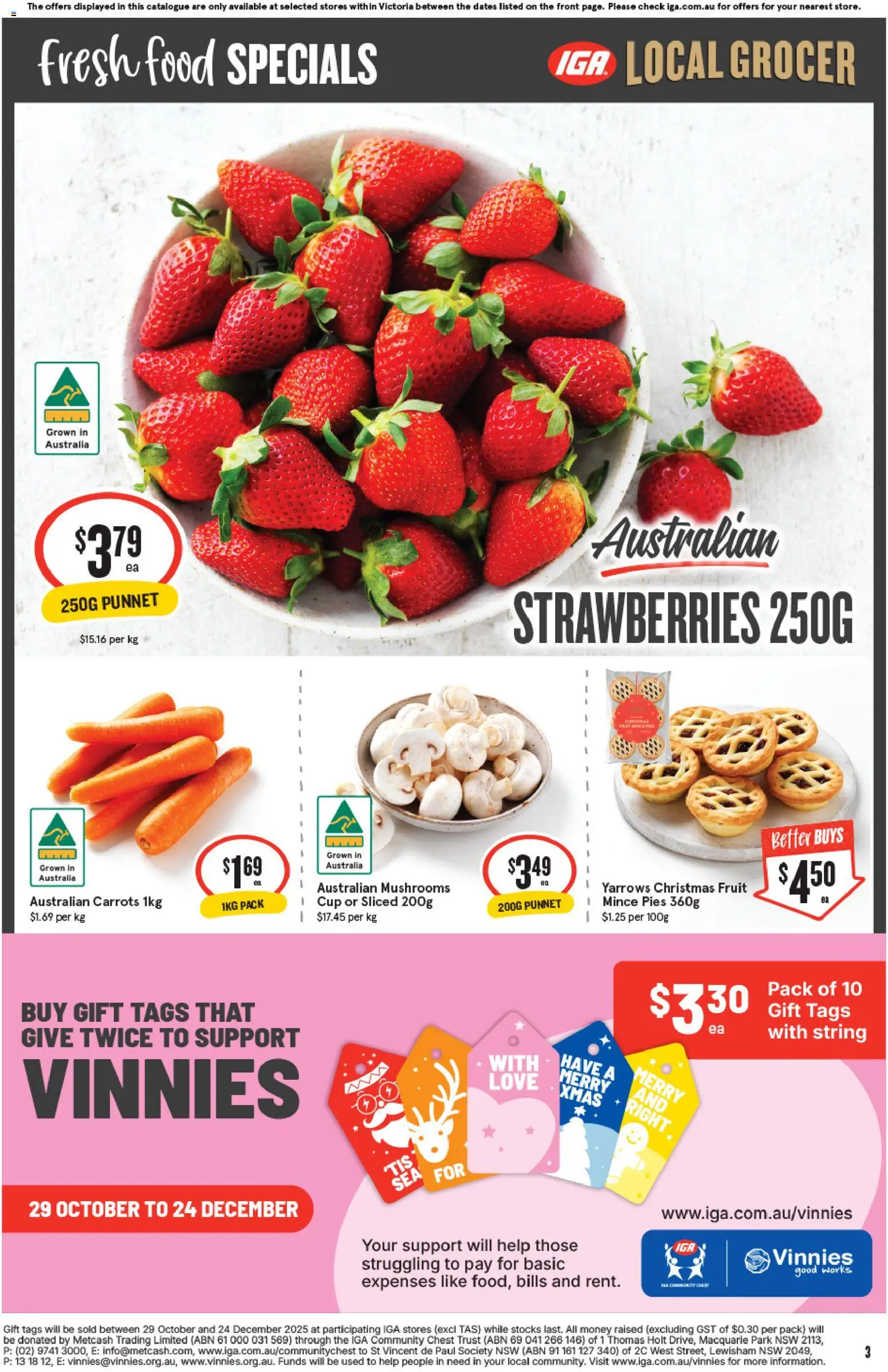 IGA catalogue - valid from 12.11.2025 | Page: 3 | Products: Mushrooms, Strawberries, Carrots, Pies