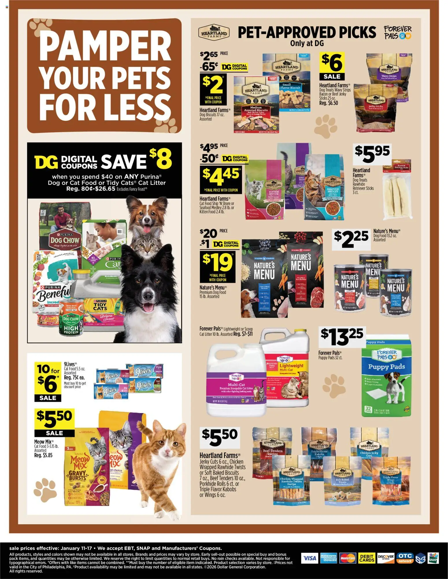Dollar General Weekly Ad - valid from 11.01.2026 | Page: 14 | Products: Dog Treats, Dog Food, Pads, Seafood