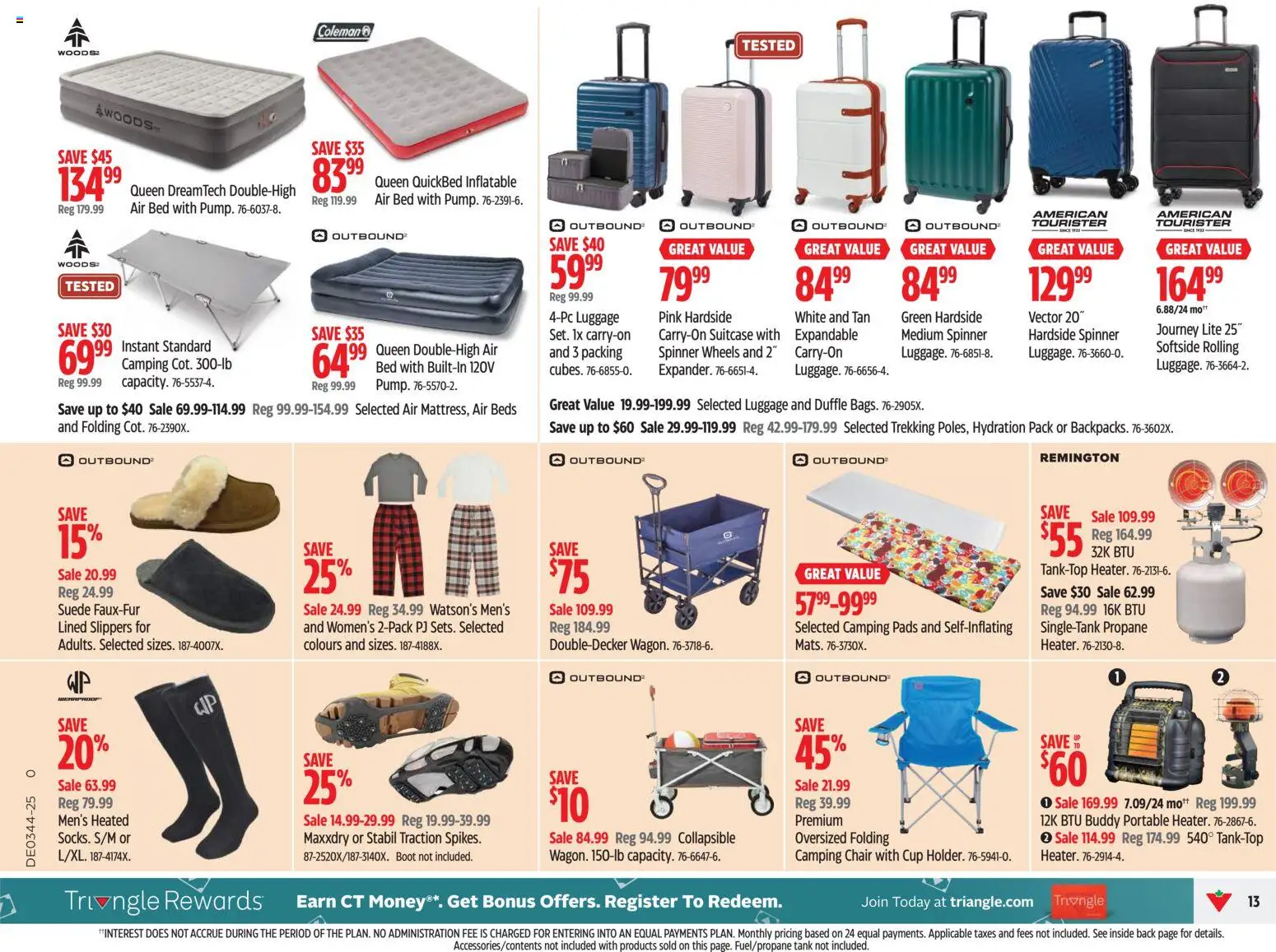 Canadian Tire flyer valid from 23.10.2025 | Page: 13 | Products: Slippers, Suitcase, Bed, Chair