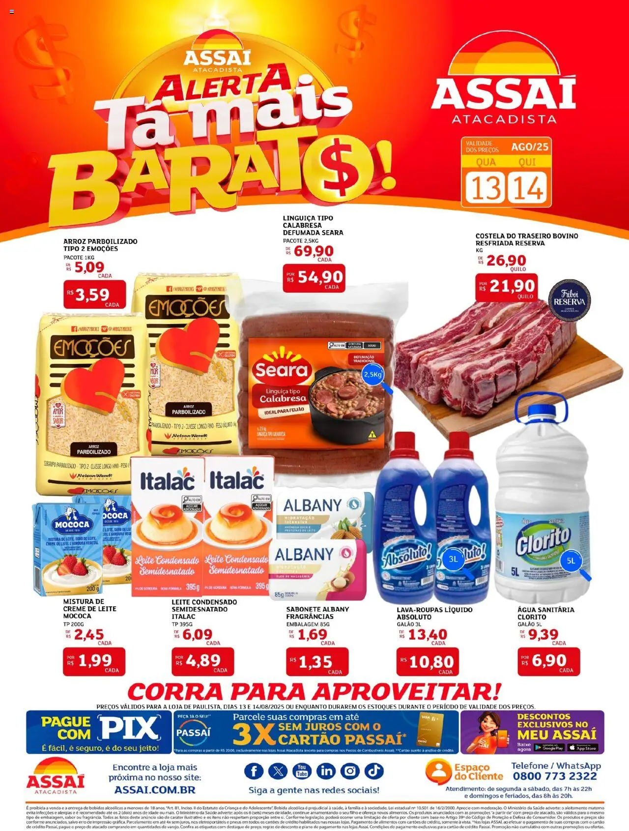 Assaí Atacadista Folheto - válido de 13.08.2025 | Página: 1 | Produtos: Linguiça, Sabonete, Açúcar, Telefone