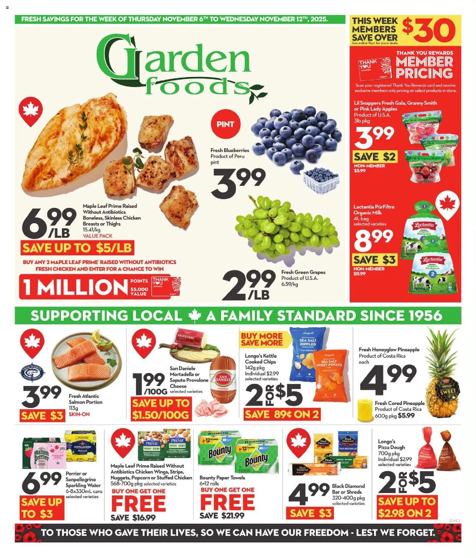 Longo's flyer valid from 06.11.2025 | Page: 1 | Products: Chips, Bag, Milk, Cheese