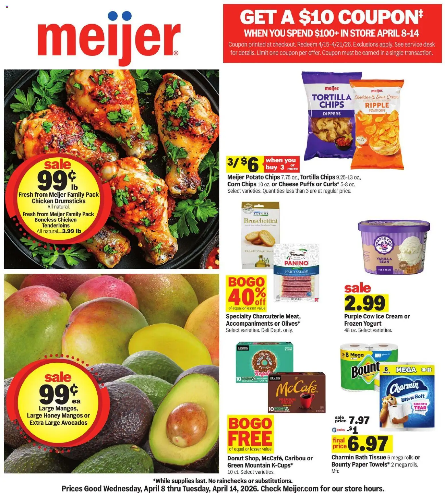 Meijer Weekly Ad - valid from 08.04.2026 | Page: 1 | Products: Bath, Salami, Sour cream, Chips