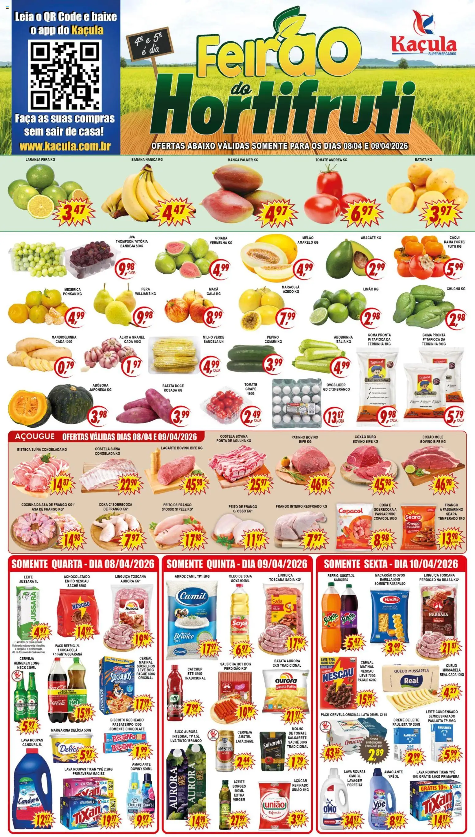 Kaçula Folheto - válido de 08.04.2026 | Página: 1 | Produtos: Linguiça, Óleo, Amaciante, Peito de frango