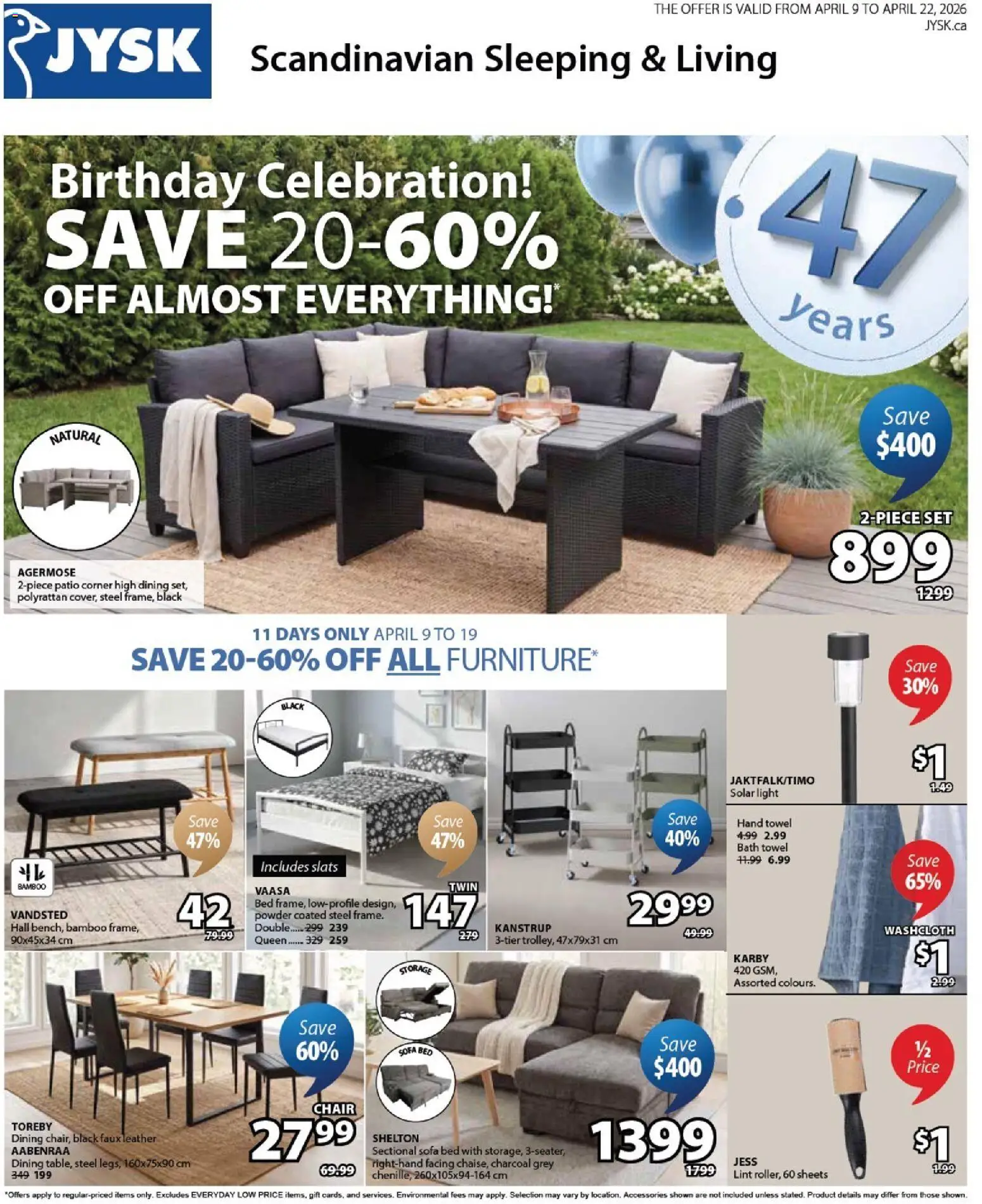 JYSK flyer valid from 09.04.2026 | Page: 1 | Products: Powder, Sofa, Chair, Bath
