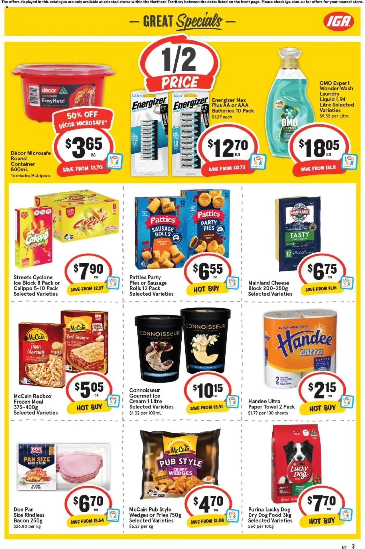IGA catalogue - valid from 17.09.2025 | Page: 3 | Products: Bacon, Beef, Batteries, Pies