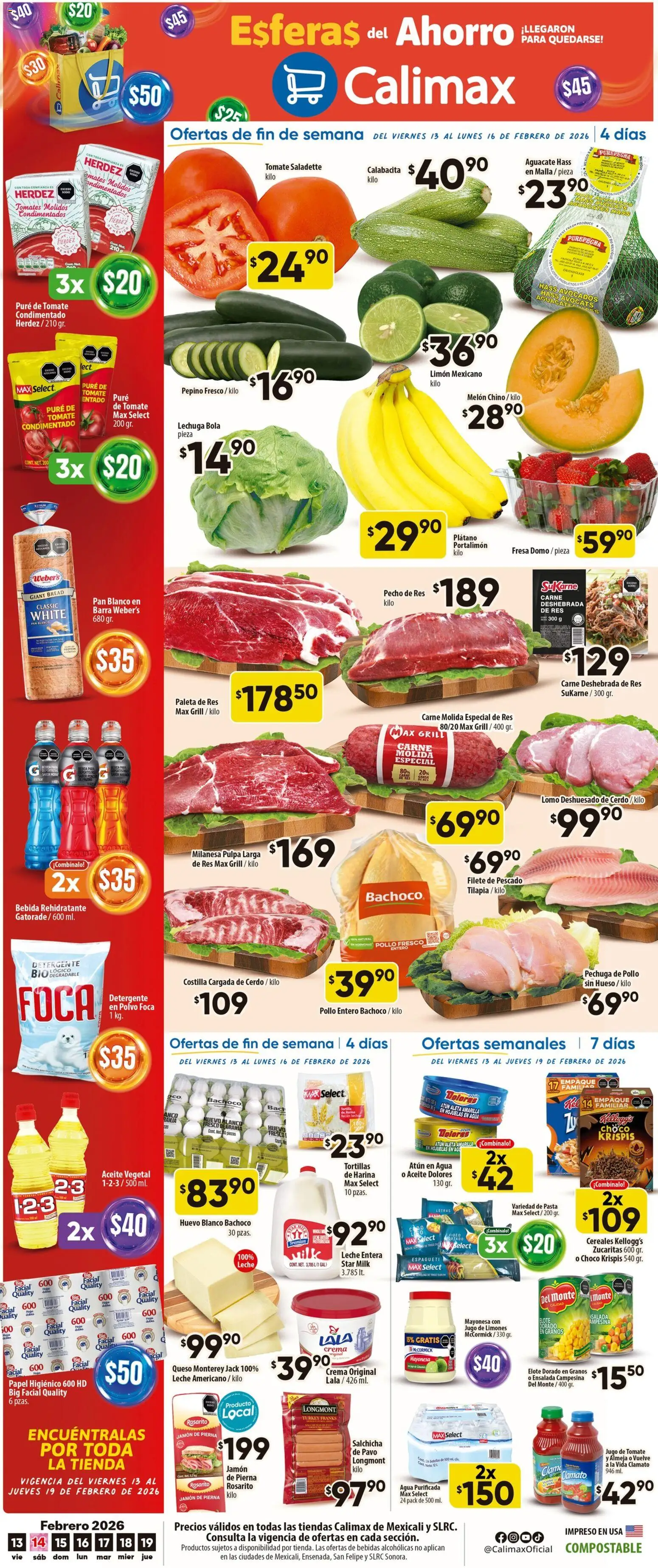 Nuevas ofertas de Calimax válidas en toda la República Mexicana desde el 13.02.2026. ¡Encuentra las mejores ofertas en Calimax folleto Mexicali y SLRC! | Página: 1 | Productos: Salchicha, Leche, Jamón, Res