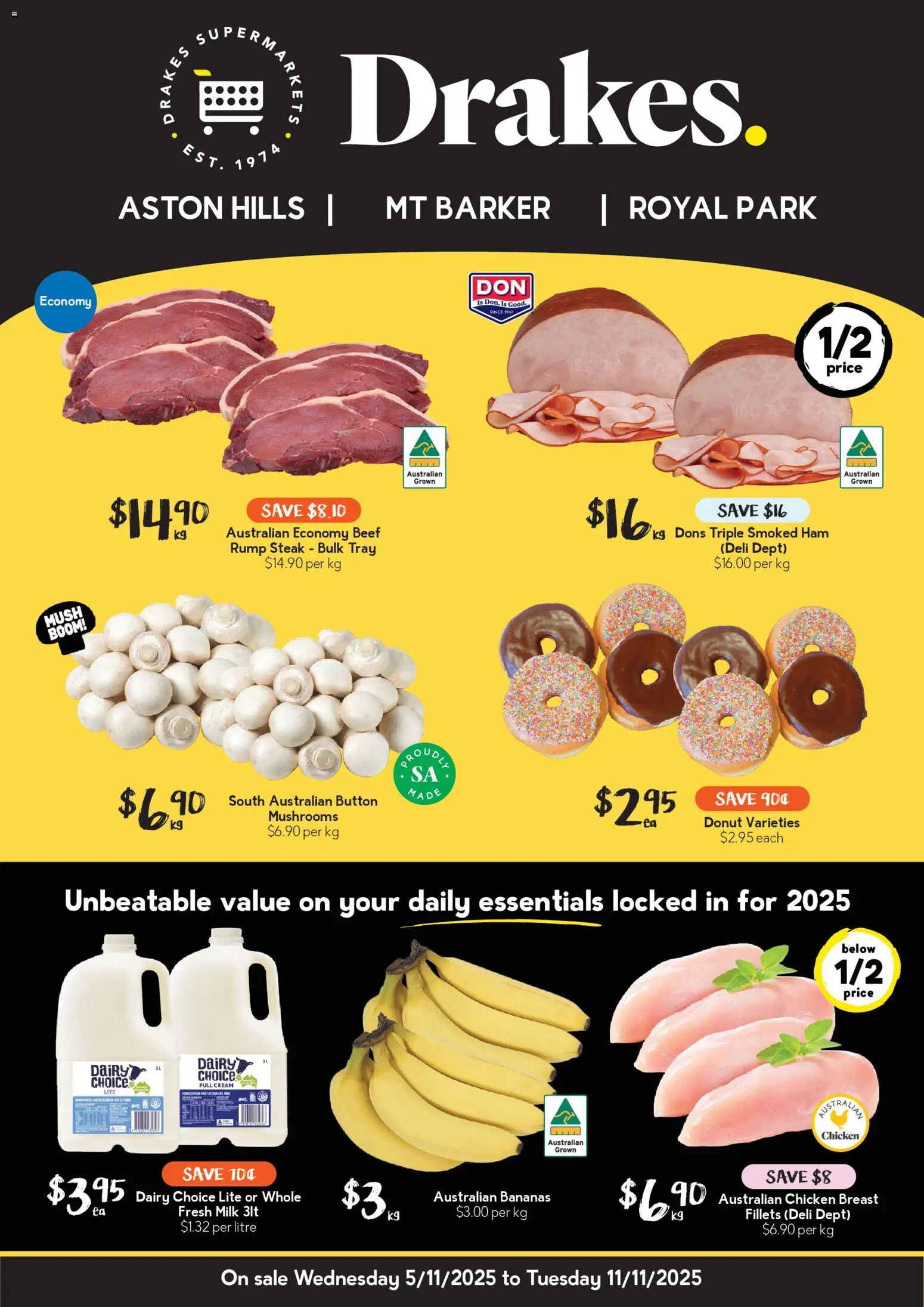 Drakes catalogue - valid from 05.11.2025 | Page: 1 | Products: Milk, Dairy, Ham, Steak