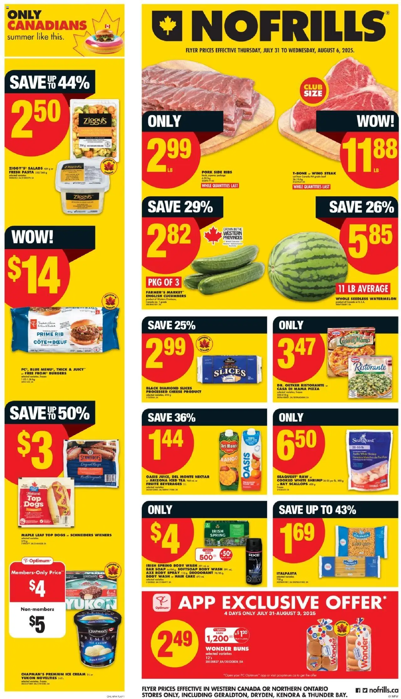 No Frills flyer valid from 31.07.2025 | Page: 1 | Products: Beef, Cucumbers, Juice, Pork