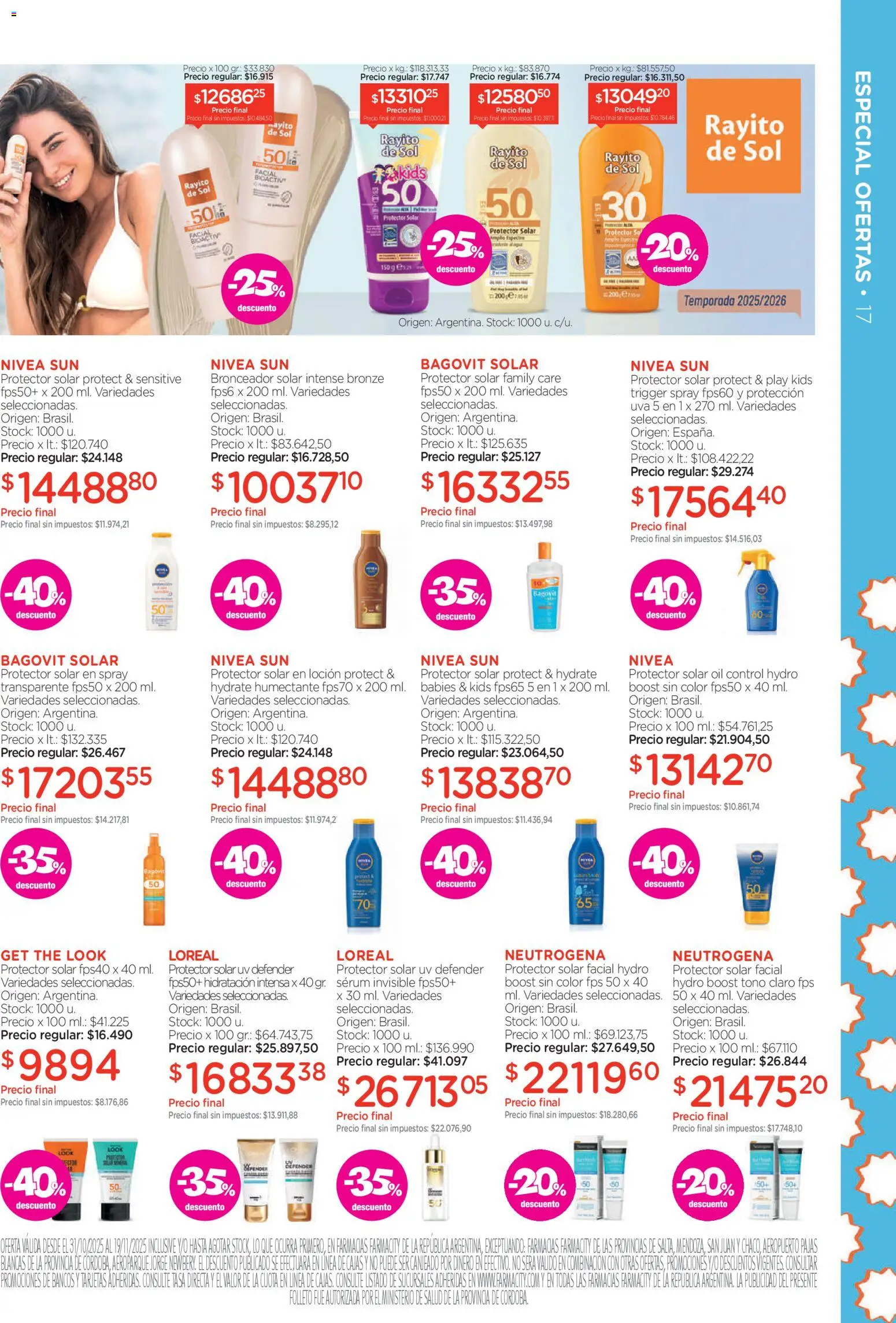 Farmacity catálogo │ válido desde el 30.10.2025 | Página: 17 | Productos: Bronceador, Sal, Protector solar, Loción