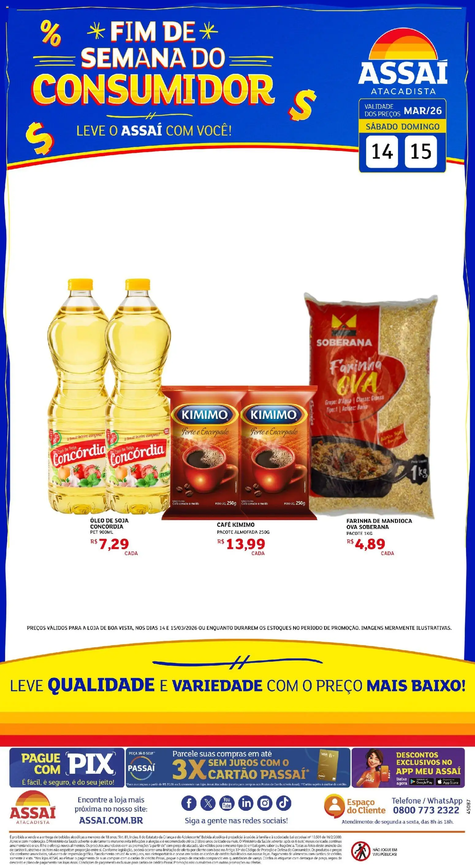 Assaí Atacadista Folheto - válido de 14.03.2026 | Página: 1 | Produtos: Mandioca, Farinha de mandioca, Almofada, Telefone