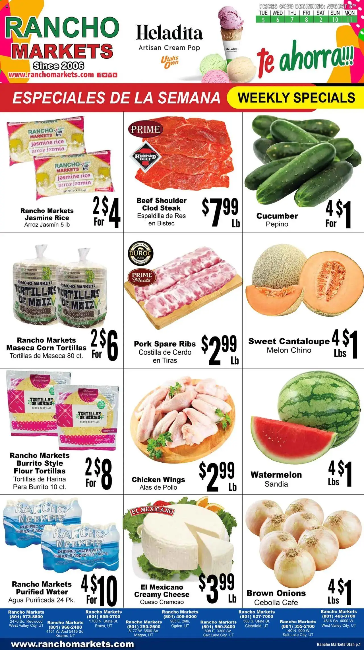 Rancho Markets Weekly Ad - valid from 05.08.2025 | Page: 1 | Products: Pork, Rice, Beef, Salt