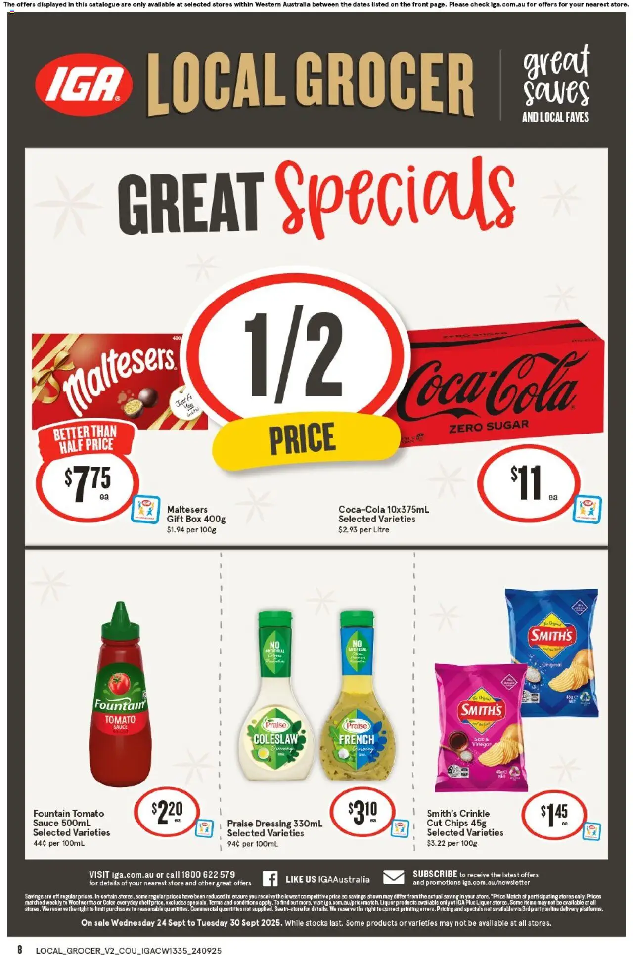 IGA catalogue - valid from 24.09.2025 | Page: 8 | Products: Box, Chips, Sauce, Fountain