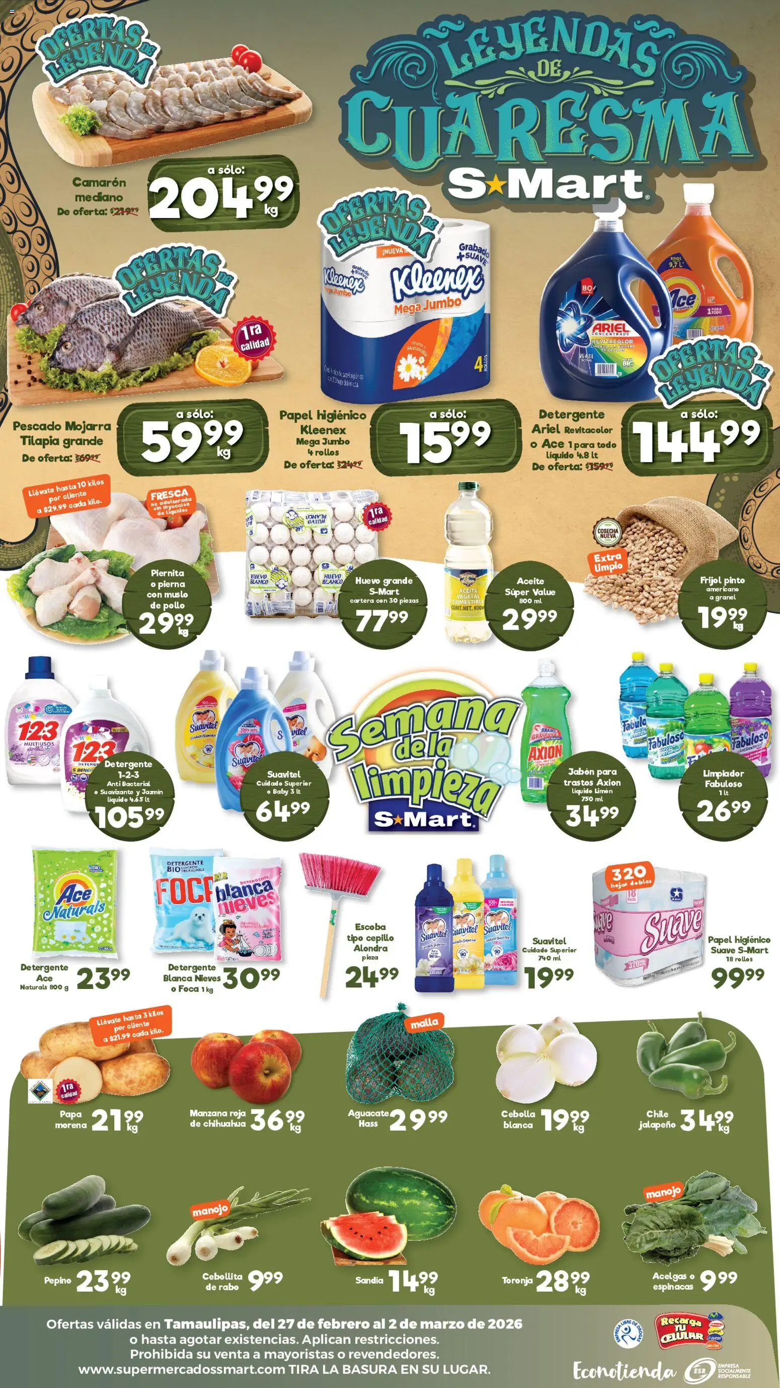 Nuevas ofertas de S-Mart válidas en toda la República Mexicana desde el 27.02.2026. ¡Encuentra las mejores ofertas en S-Mart folleto Reynosa! | Página: 2 | Productos: Cepillo, Limón, Suavizante, Limpiador