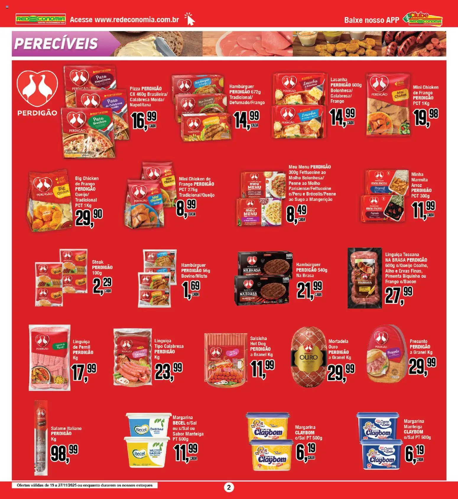 RedEconomia Folheto - válido de 19.11.2025 | Página: 2 | Produtos: Salsicha, Leite, Presunto, Frango