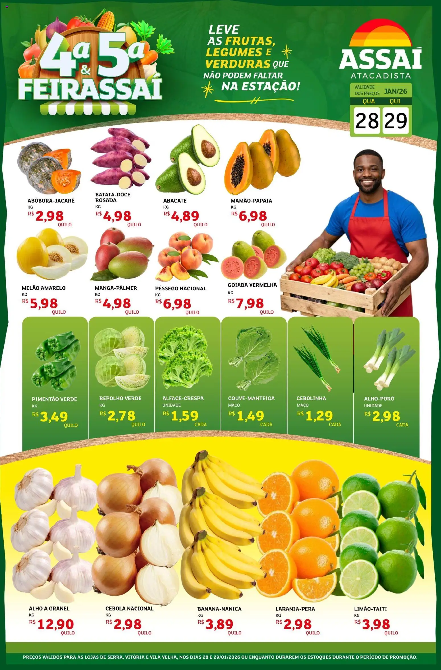 Assaí Atacadista Folheto - válido de 28.01.2026 | Página: 1 | Produtos: Melão, Pêssego, Alho, Repolho