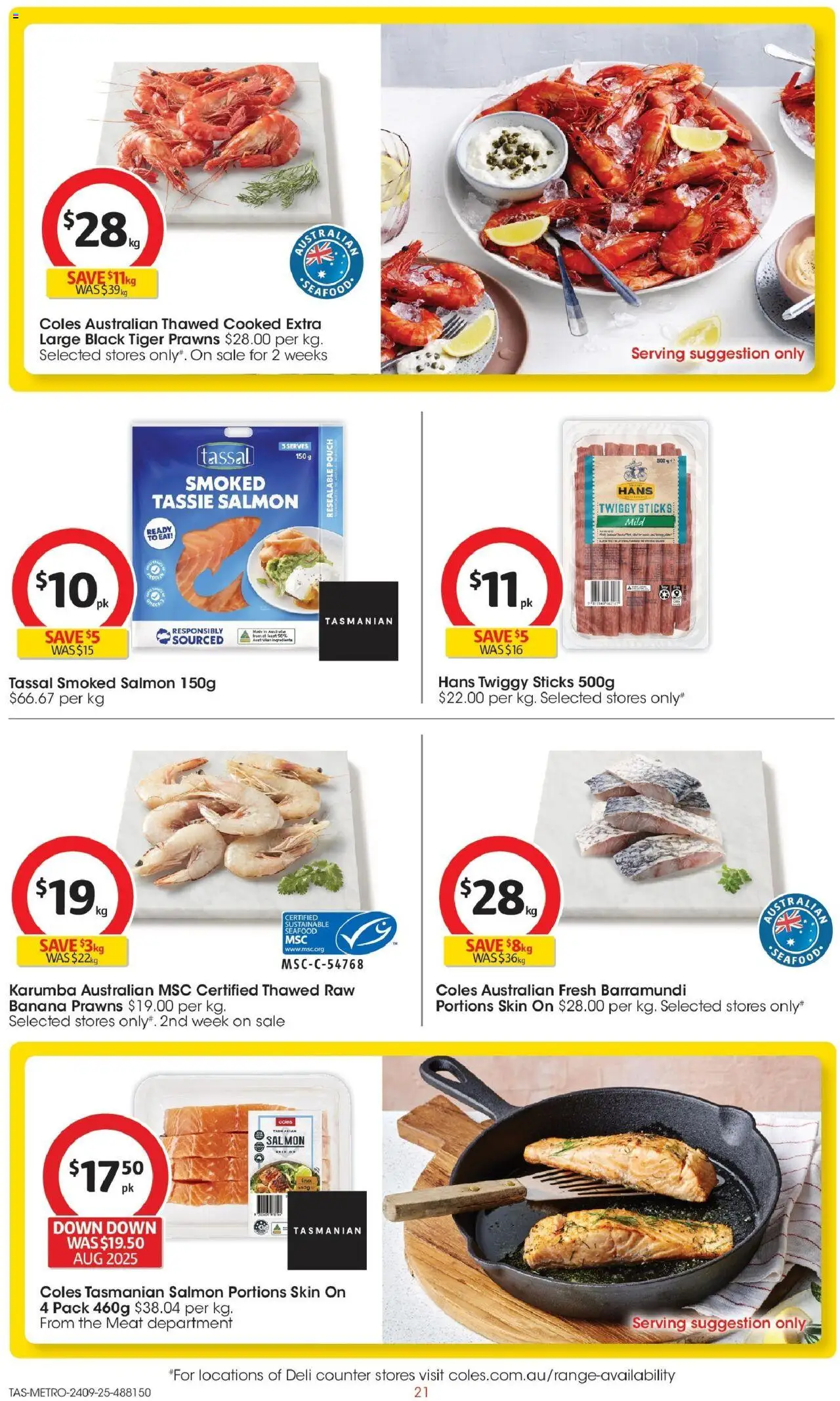 Coles catalogue - valid from 24.09.2025 | Page: 21 | Products: Prawns, Salmon, Sustainable, Seafood