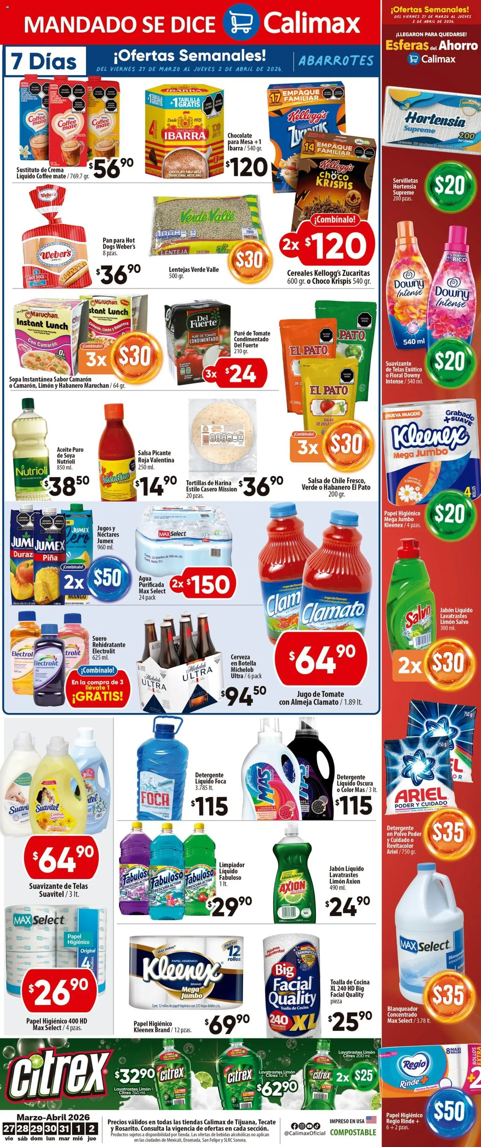 Nuevas ofertas de Calimax válidas en toda la República Mexicana desde el 27.03.2026. ¡Encuentra las mejores ofertas en Calimax folleto Tecate! | Página: 6 | Productos: Tomate, Cerveza, Cereales, Toalla