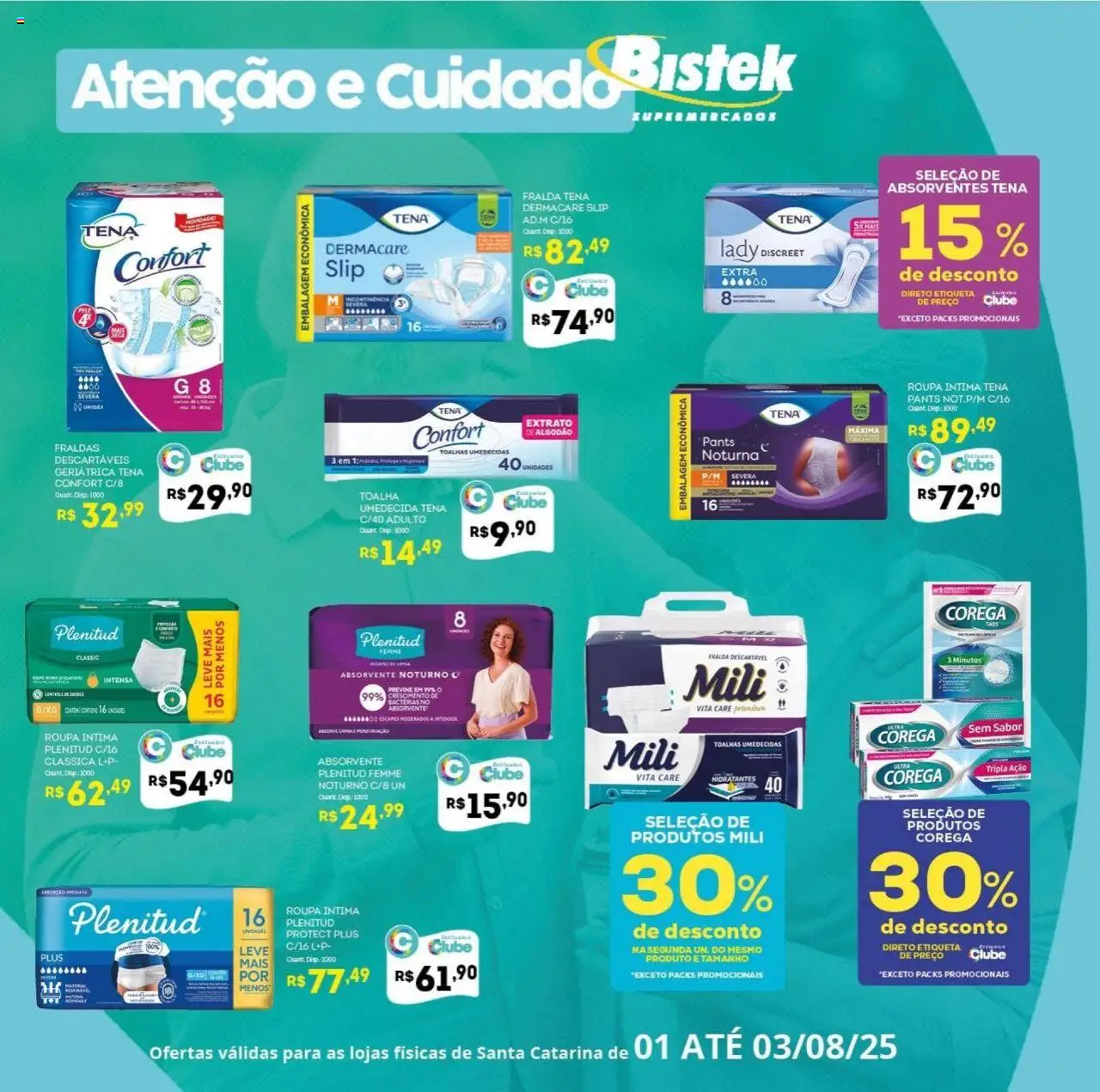 Bistek Supermercados Folheto - válido de 01.08.2025 | Página: 1 | Produtos: Algodão, Fraldas, Absorvente, Toalha umedecida