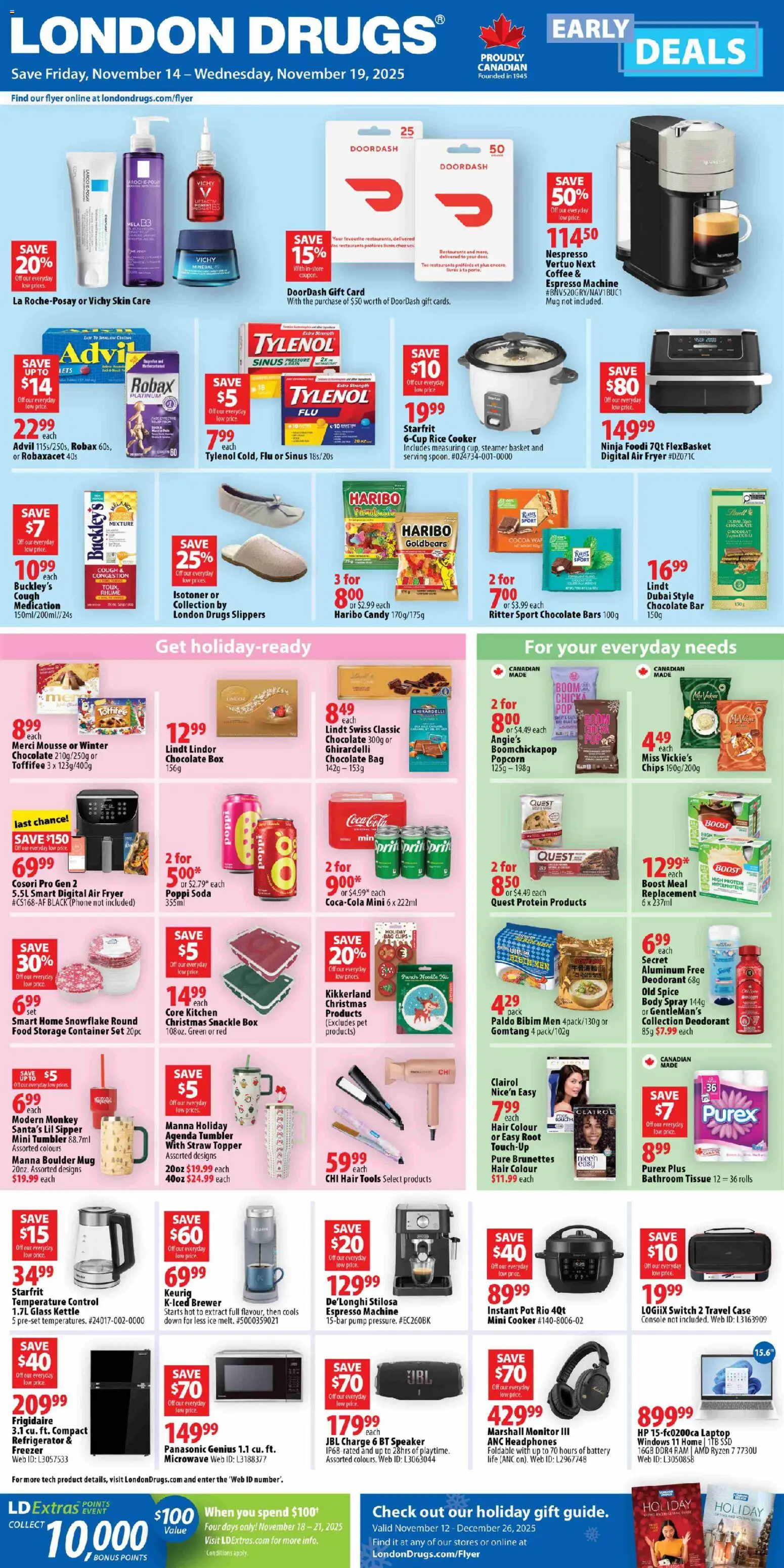 London Drugs flyer valid from 14.11.2025 | Page: 1 | Products: Rice, Headphones, Speaker, Chocolate