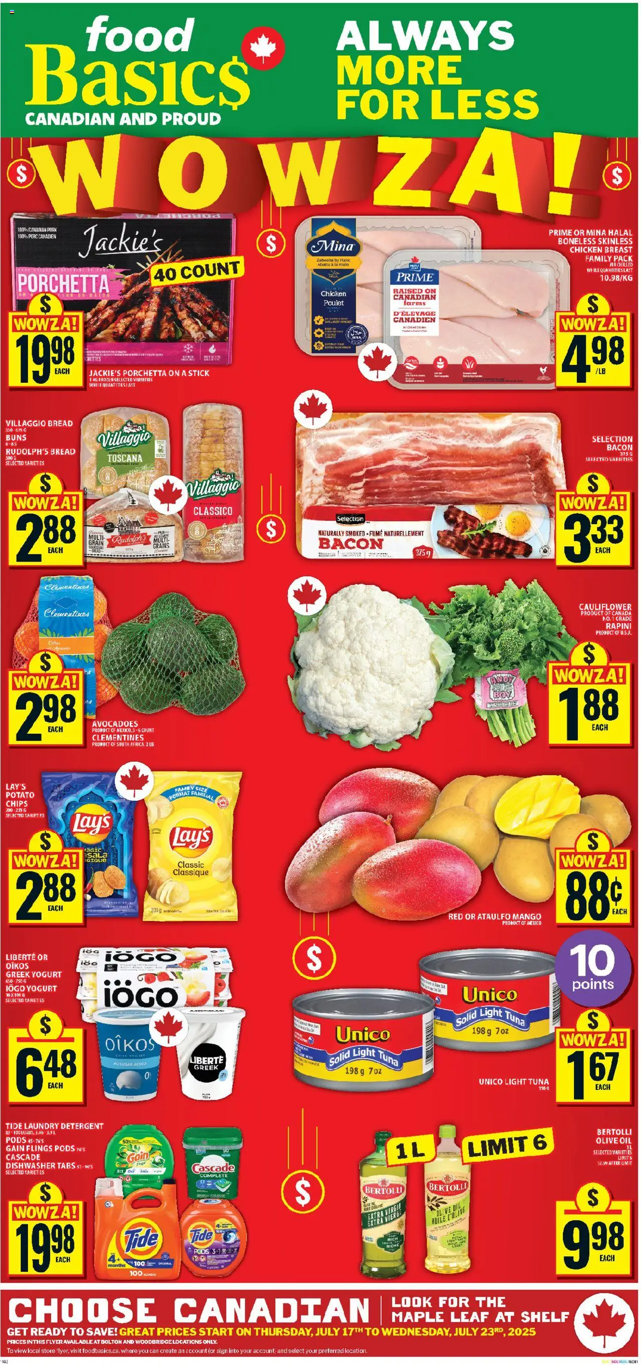 Food Basics flyer valid from 17.07.2025 | Page: 1 | Products: Detergent, Shelf, Oil, Bread