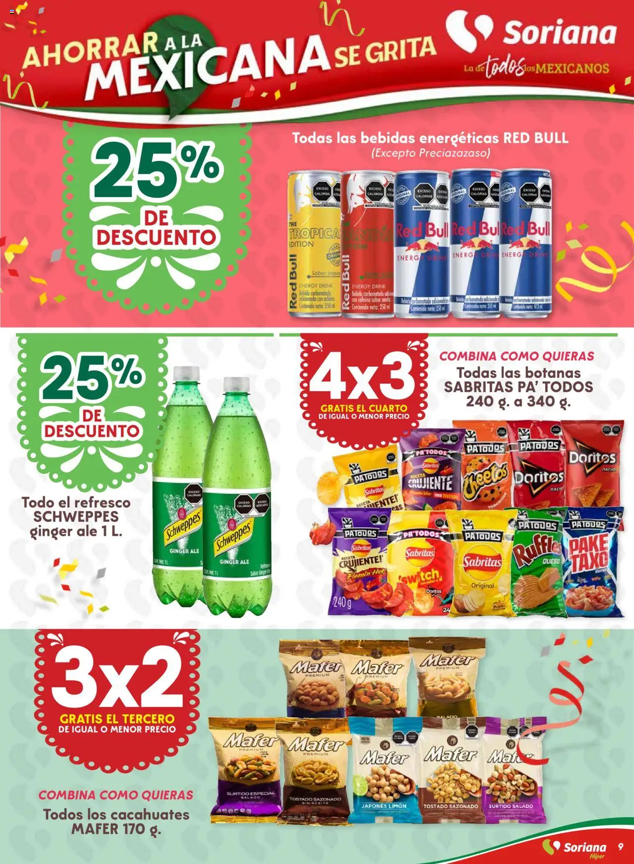 Nuevas ofertas de Soriana válidas en toda la República Mexicana desde el 10.09.2025. ¡Encuentra las mejores ofertas en Soriana - Ahorrar a la mexicana se grita Soriana Híper Nacional! | Página: 9 | Productos: Refresco, Limón, Queso, Aceite