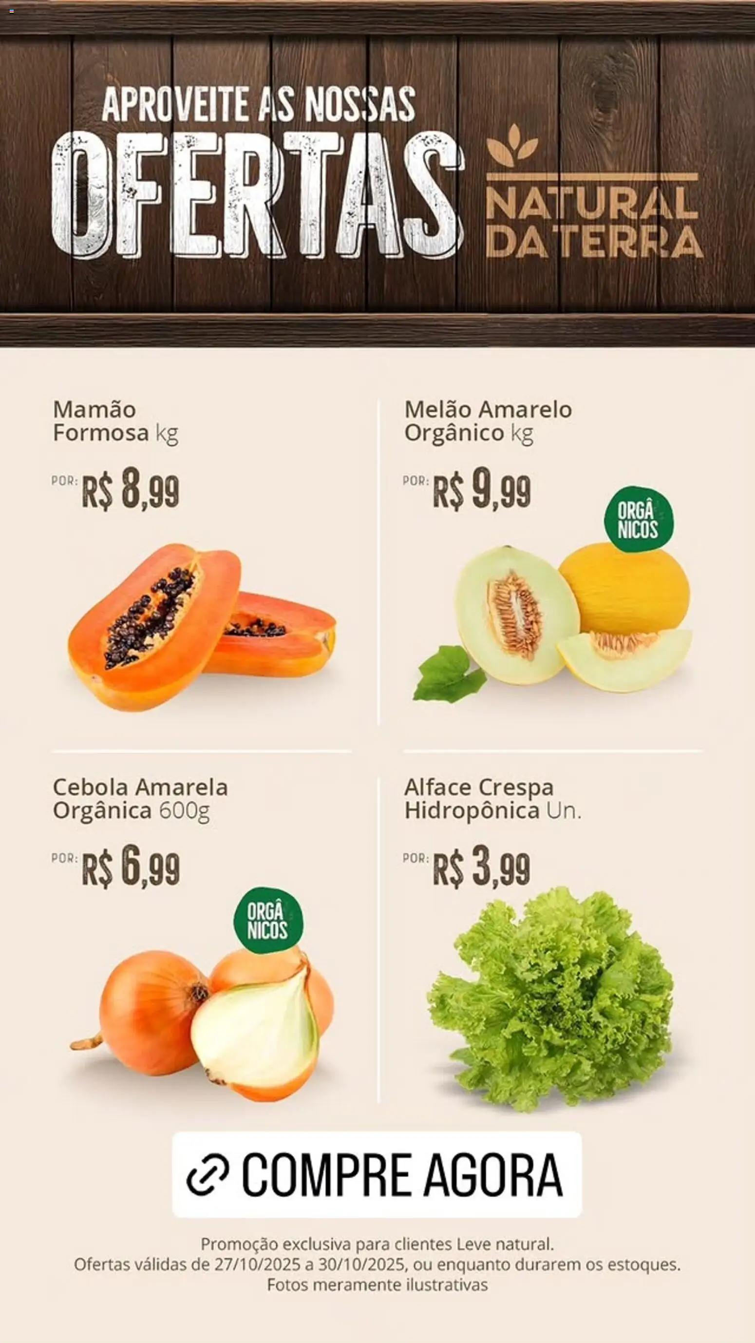 Natural da Terra Folheto - válido de 27.10.2025 | Página: 1 | Produtos: Melão, Cebola, Mamão, Alface