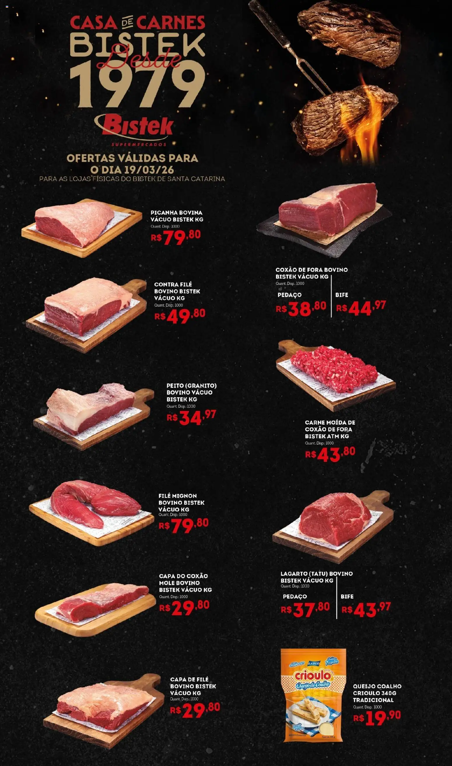 Bistek Supermercados ofertas Quinta das Carnes Folheto - válido de 19.03.2026 | Página: 1 | Produtos: Picanha, Queijo coalho, Carne, Carne moída