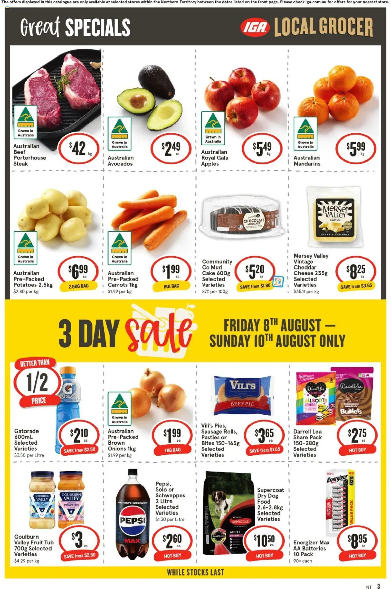 IGA catalogue - valid from 06.08.2025 | Page: 3 | Products: Cheese, Pepsi, Carrots, Batteries