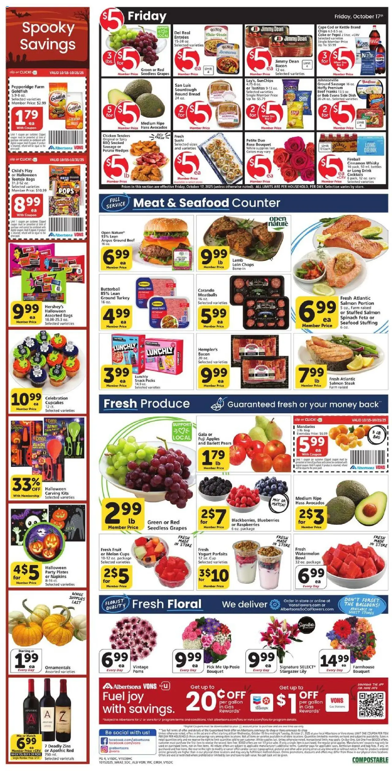 Vons Weekly Ad - SoCal - valid from 15.10.2025 | Page: 3 | Products: Seafood, Watermelon, Grapes, Bag