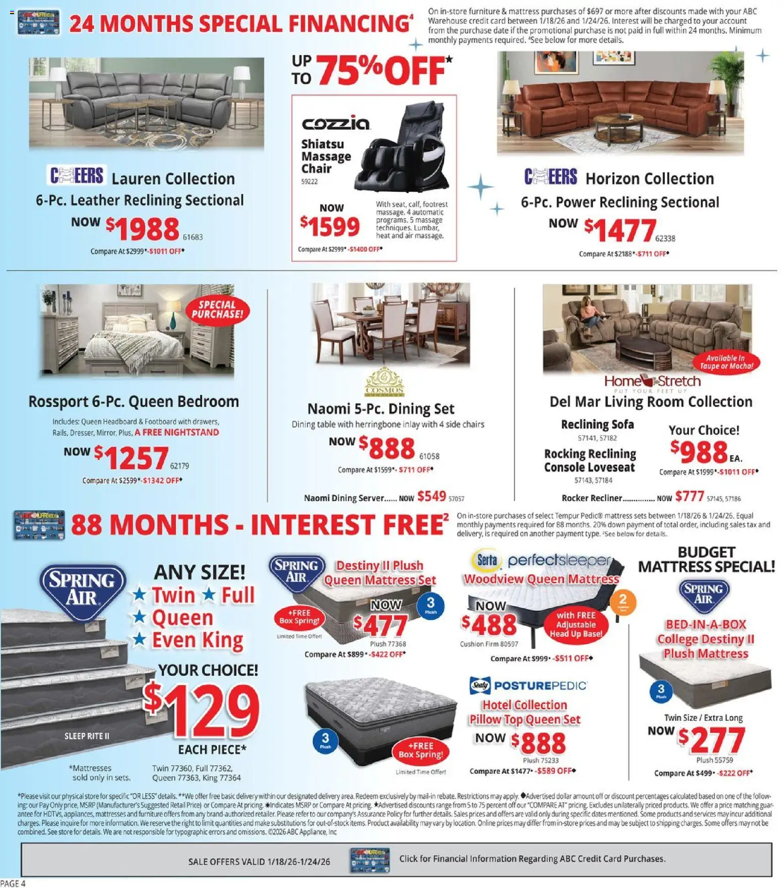 ABC Warehouse Weekly Ad - valid from 18.01.2026 | Page: 4 | Products: Pillow, Table, Loveseat, Recliner
