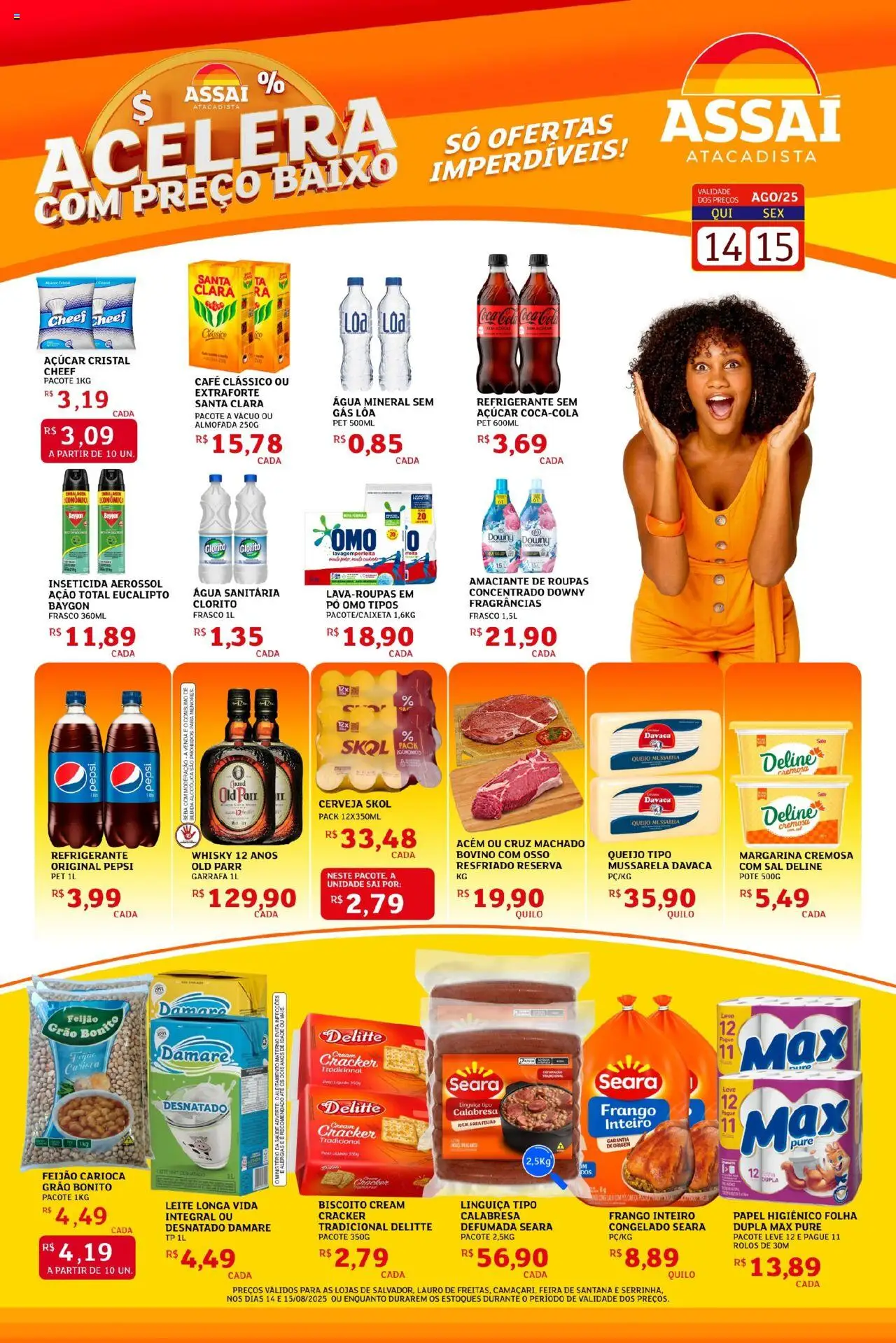 Assaí Atacadista Folheto - válido de 14.08.2025 | Página: 1 | Produtos: Linguiça, Queijo, Açúcar, Água sanitária