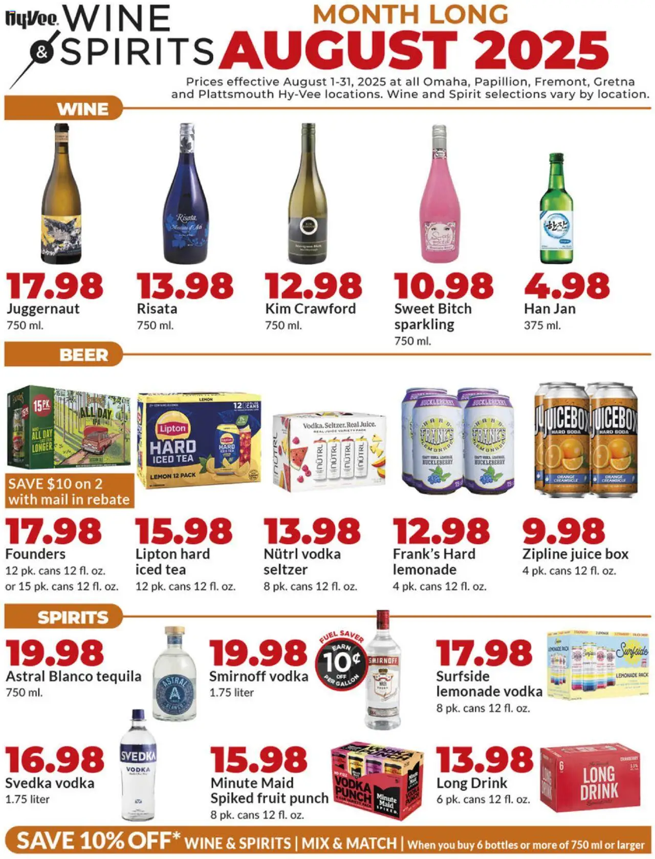 HyVee Wine & Spirits Monthlong - valid from 01.08.2025 | Page: 1 | Products: Wine, Beer, Tea, Lemon
