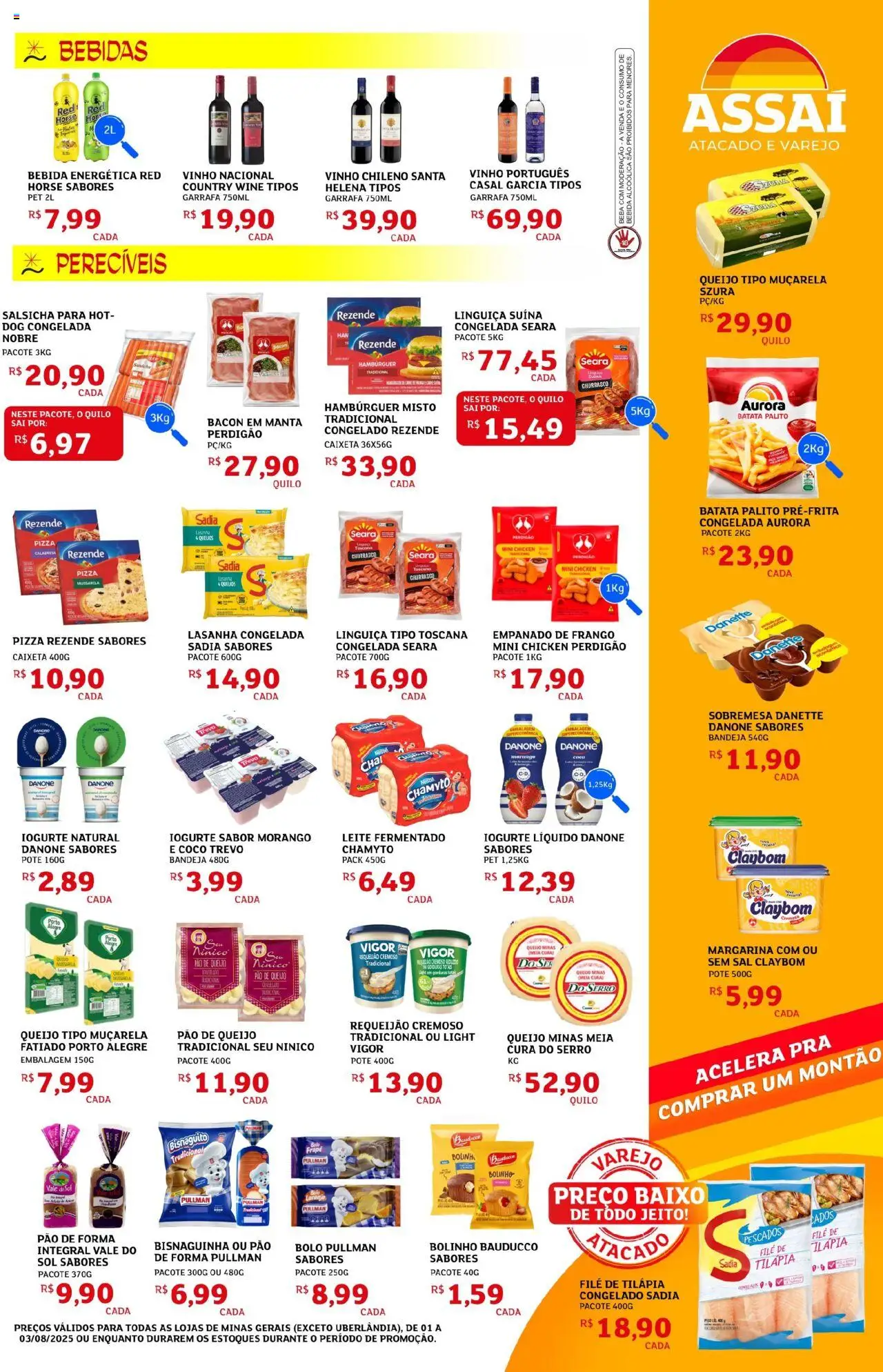 Assaí Atacadista Folheto - válido de 01.08.2025 | Página: 3 | Produtos: Muçarela, Hambúrguer, Frango, Leite fermentado